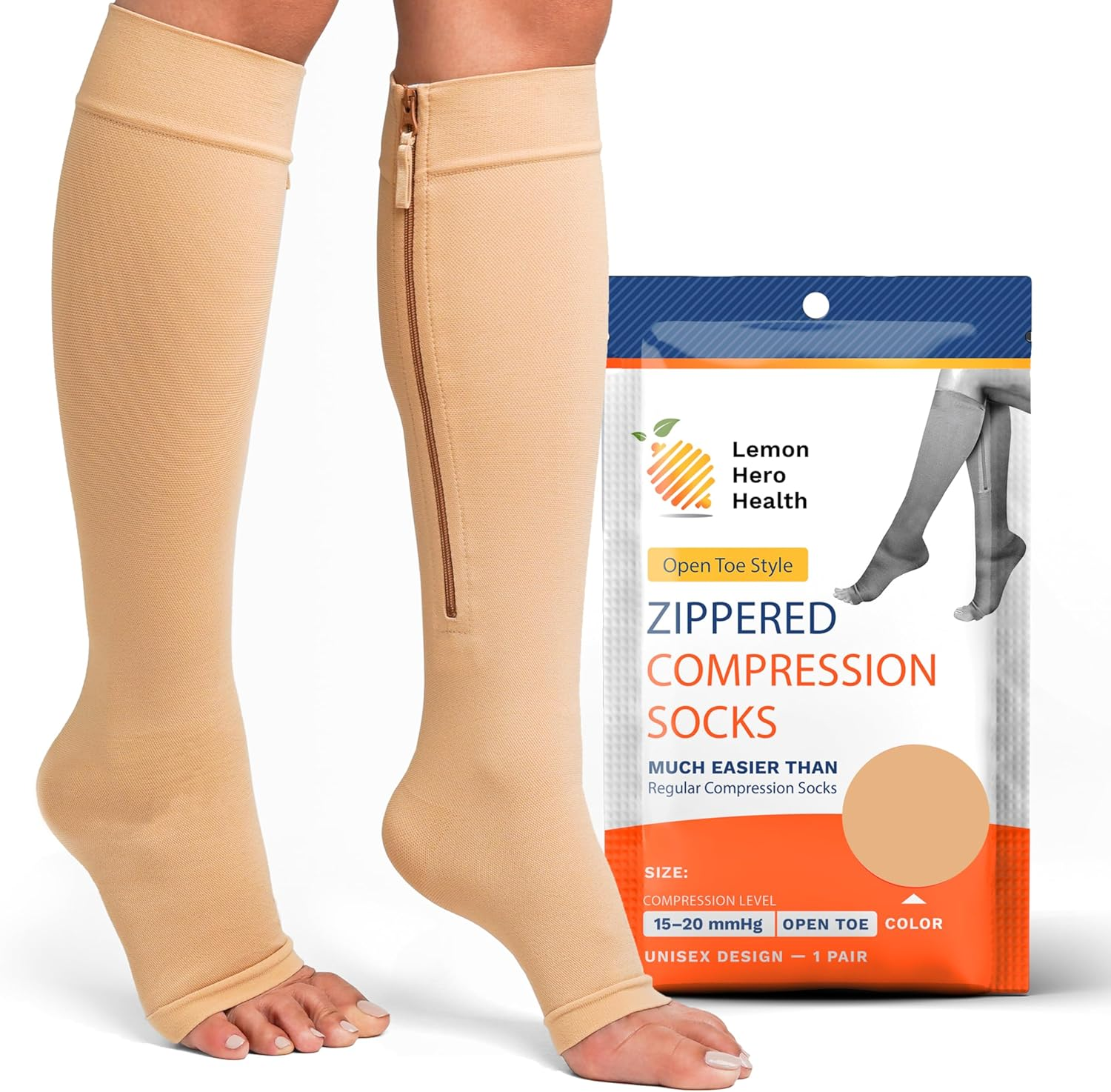 Zipper Compression Socks 15-20Mmhg with Zip Guard Skin Protection & Open Toe Medical Zippered Compression Socks for Men Women