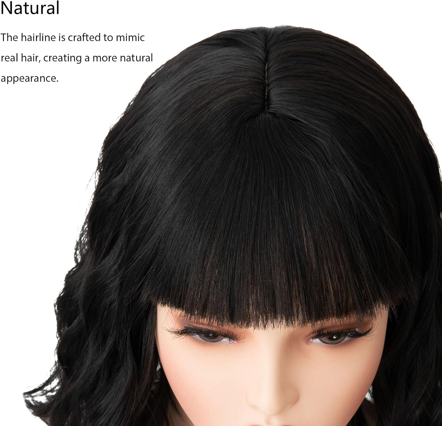 Luxiremi Wigs, Washed Black, 12 Inches, Short, Shoulder Length, Curly, Wavy Bob with Fringe, Synthetic Cosplay Wigs for Women, Carnival image number 4