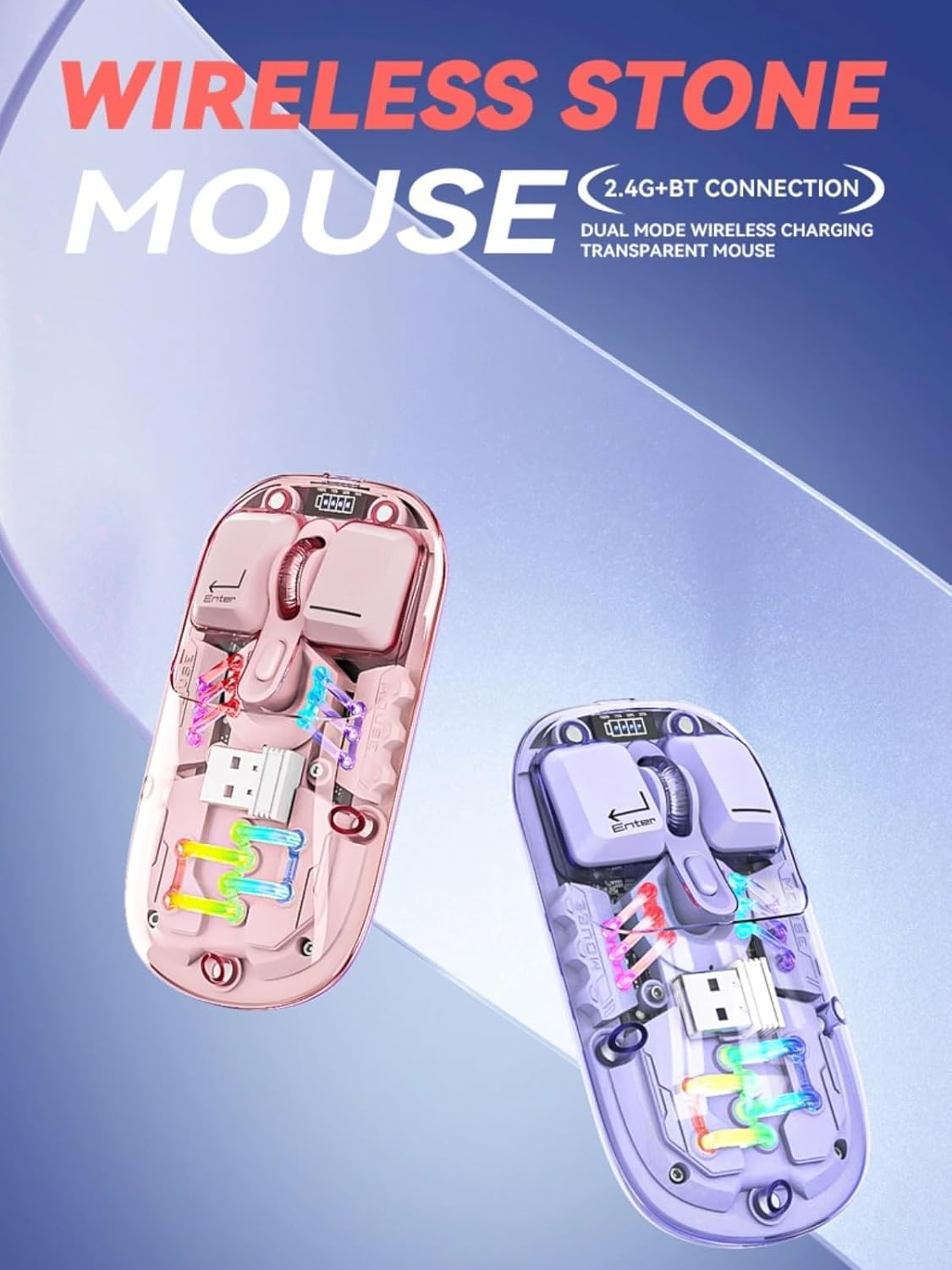 Cordless Gaming Mouse, 2.4G BT 5.0 2 Mode Optical Mouse, RGB Ultra Thin Rechargeable Computer Mice, Ergonomic Mouse for Laptop PC Tablet, Transparent (Purple) - Black image number 5