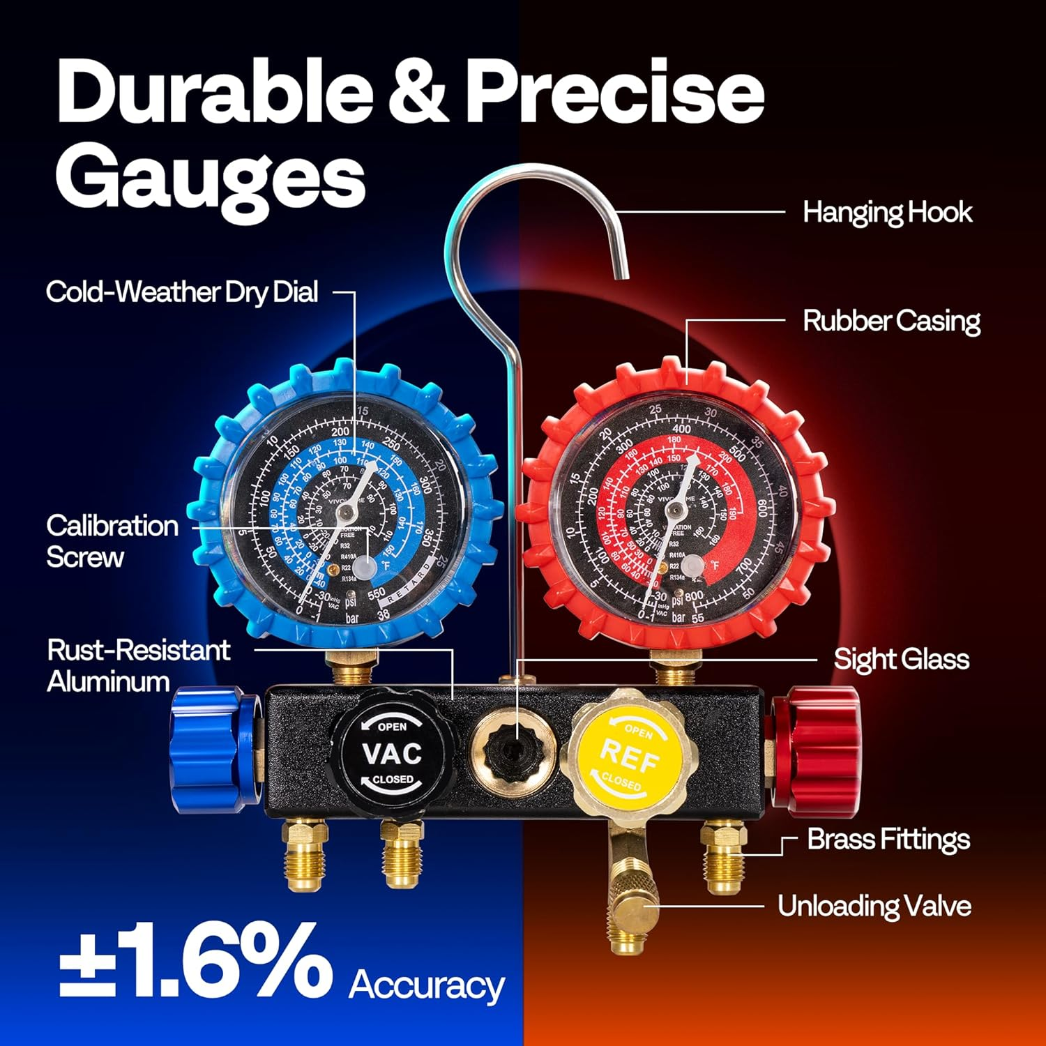 VIVOHOME HVAC Manifold Gauge Set for R134A R410A R22 R32 Refrigerant, 4 Valve Automotive AC Gauges with 5Ft Hoses for Car Freon Charging and Evacuation image number 1