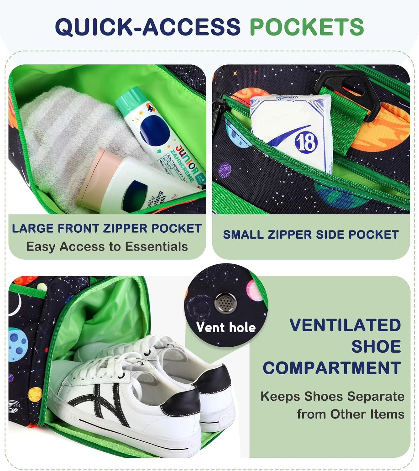 Kids Duffle Bag,Vaschy Travel Bag for Toddler Children Boys Water Resistant Overnight Duffel Ballet Dance Sport Carry on Weekender Bag with Shoes Compartment Dry Wet Pocket Green Space