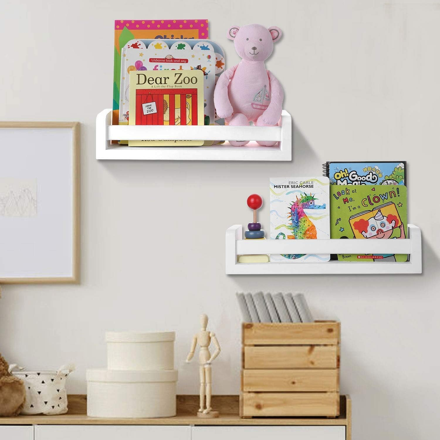 2 Pack Wooden Floating Bookshelf for Nursery Storage, Rustic Wall Mounted Shelves for Kitchen Spice Rack, Wall Hanging Shelf Organizer for Entryway, Bathroom, Bedroom, Living Room (White)