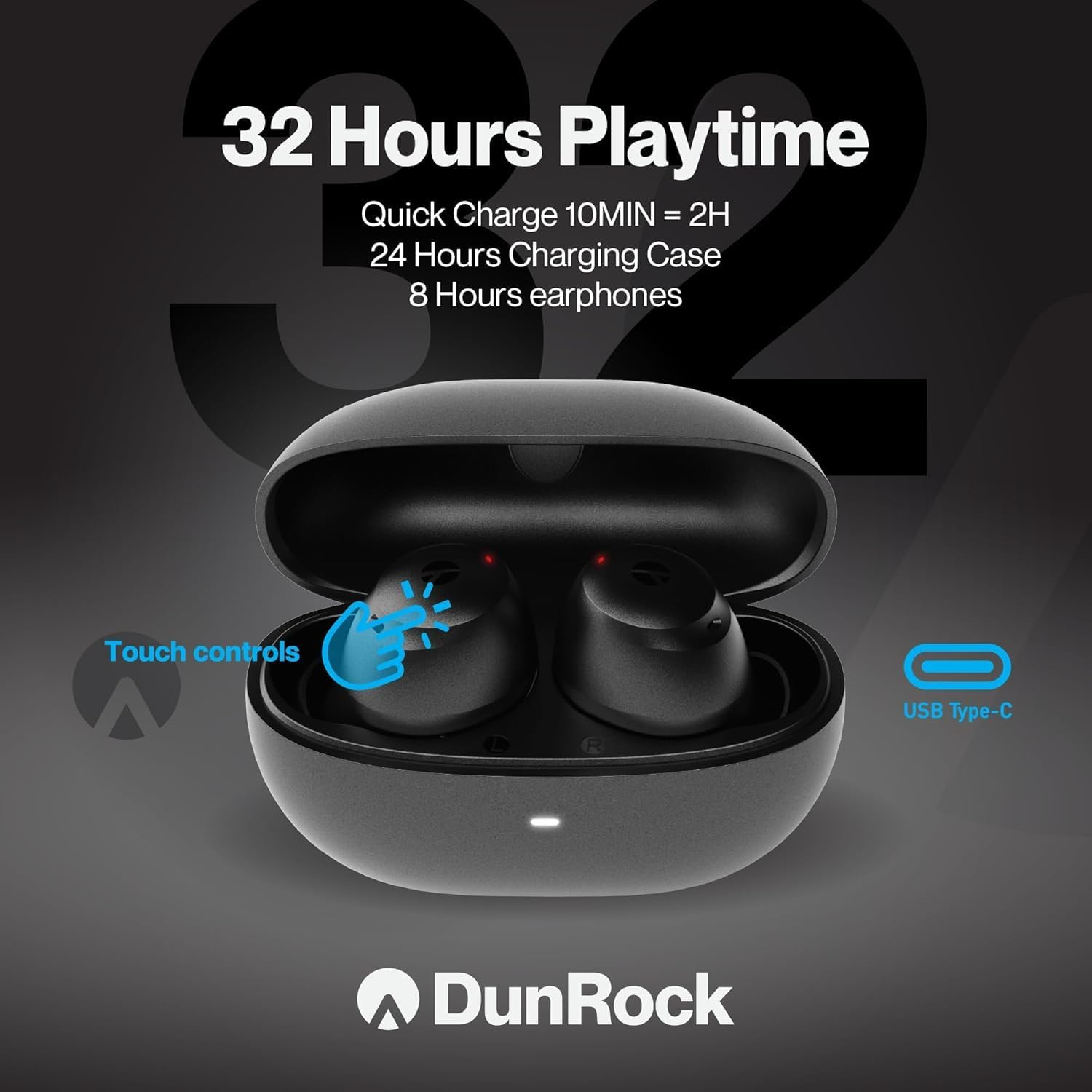Dunrock Pop Bluetooth 5.3 In-Ear Headphones - Wireless with Hybrid ANC, Transparency Mode, App Control, 32H Battery, 6 ENC Microphones, Touch, USB-C - True Wireless for Calls, Sports & Travel - Black image number 1
