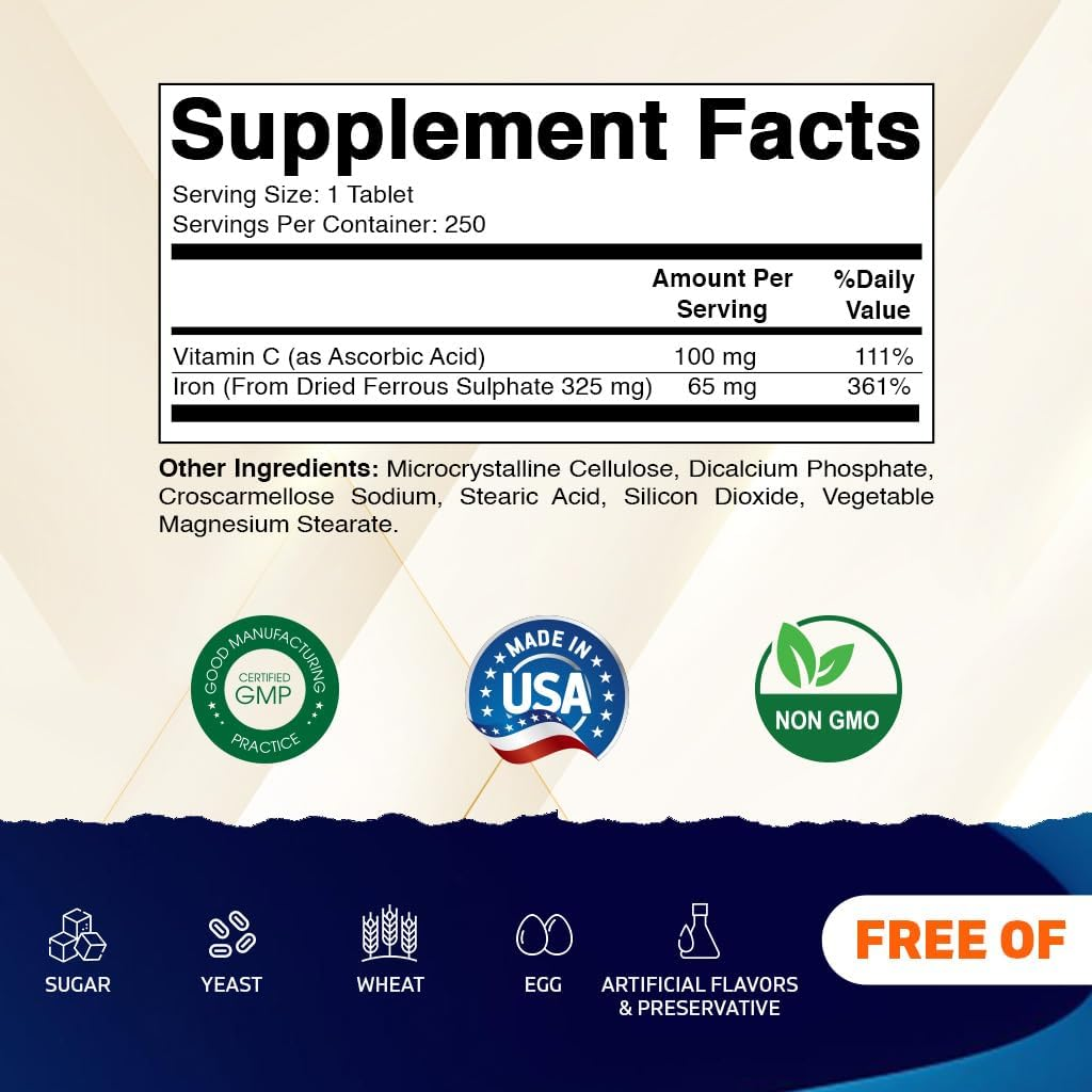 Vitamatic Ferrous Sulphate 325 Mg + Vitamin C 100 Mg - (65 Mg Elemental Iron) High Potency Iron Supplement | No Artificial Color Additives - 250 Coated Tablets - Made in USA image number 5