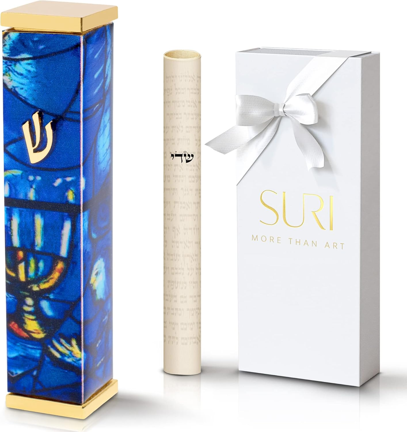 SURI Mezuzah for Door with Printed Scroll inside | 4" Modern Mezuzah Case with Yellow Chagall Design, 24K Gold-Plated Aluminum | Jewish Gift from Israel, Includes Adhesive