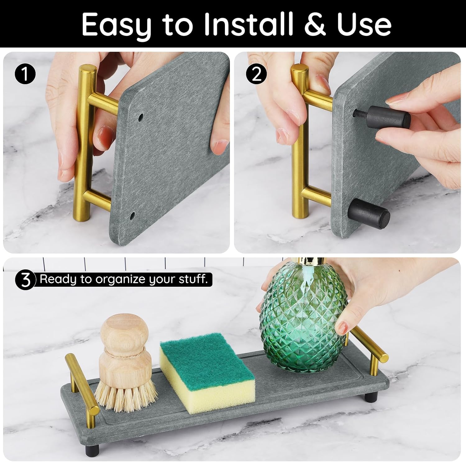 Segbeauty Stone Quick Dry Tray, Countertop Diatomaceous Tray, Instant Dry Sink Organizer, Home Sink Caddy, for Toiletries & Plants, Countertop (With Golden Handle)