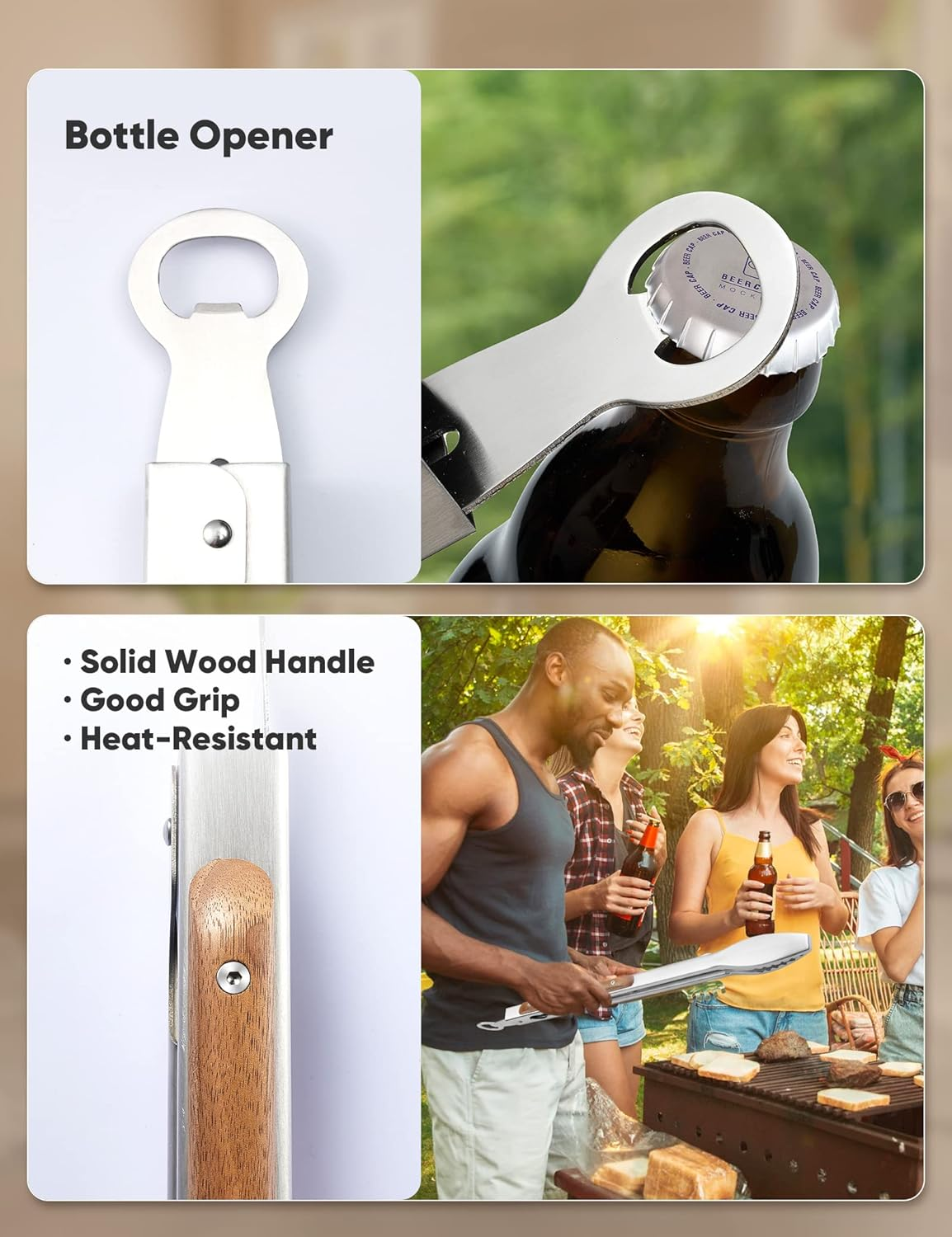 Wood-Handled Grill Tongs, 19.5"/50Cm Extra Long BBQ Tongs, Heavy Duty Premium Stainless Steel Metal Tongs with Solid Wood Handles, for Charcoal, Grilling, BBQ, Barbecue, Cooking image number 2