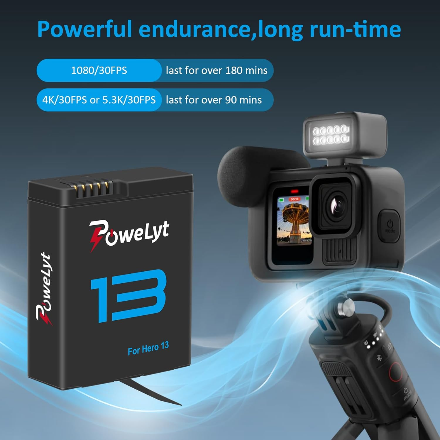 2-Pack Hero 13 Batteries 2100Mah Rechargeable Enduro Battery Supports up to 180 Minutes of Battery Life Fully Compatible with Hero 13 Black image number 2