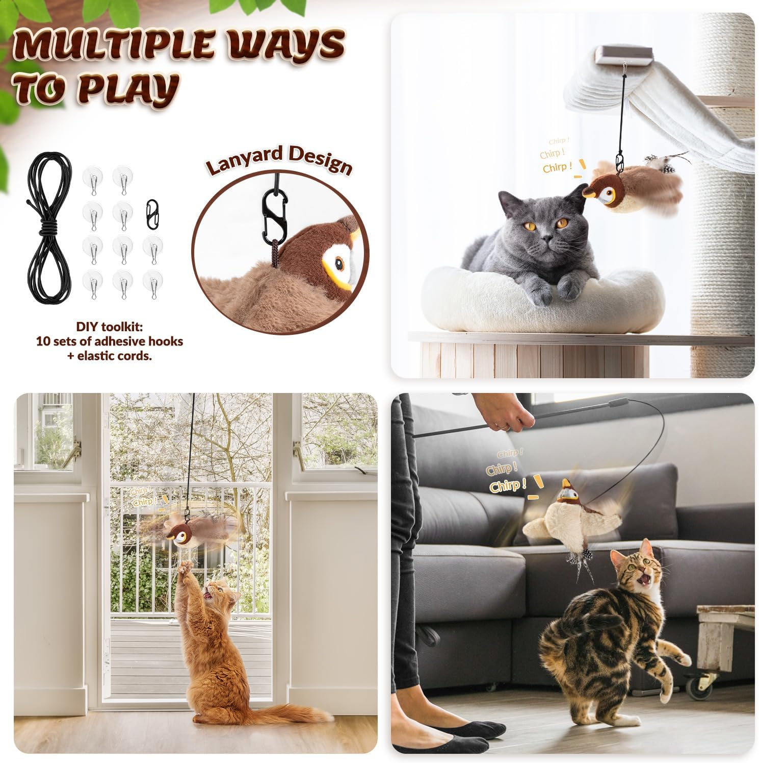 Slowton Interactive Cat Toys Rechargeable - Touch Activated Flapping Sparrow Catnip Toys with Lifelike Chirping - Plush Bird Toy with Rope and Hooks for Indoor Kitten Kitty Exercise