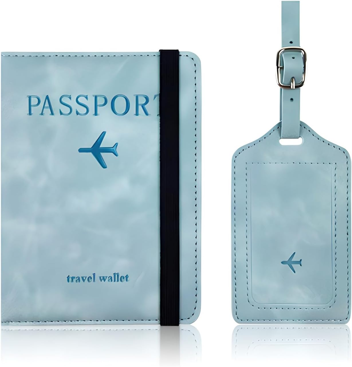 Passport Holder with Luggage Tag Set. Passport Cover and Initial Luggage Tag Set, Passport Holder for Travel and Suitcase Tags, Leather Passport Holder Cover Wallet Travel (Light Blue) image number 1