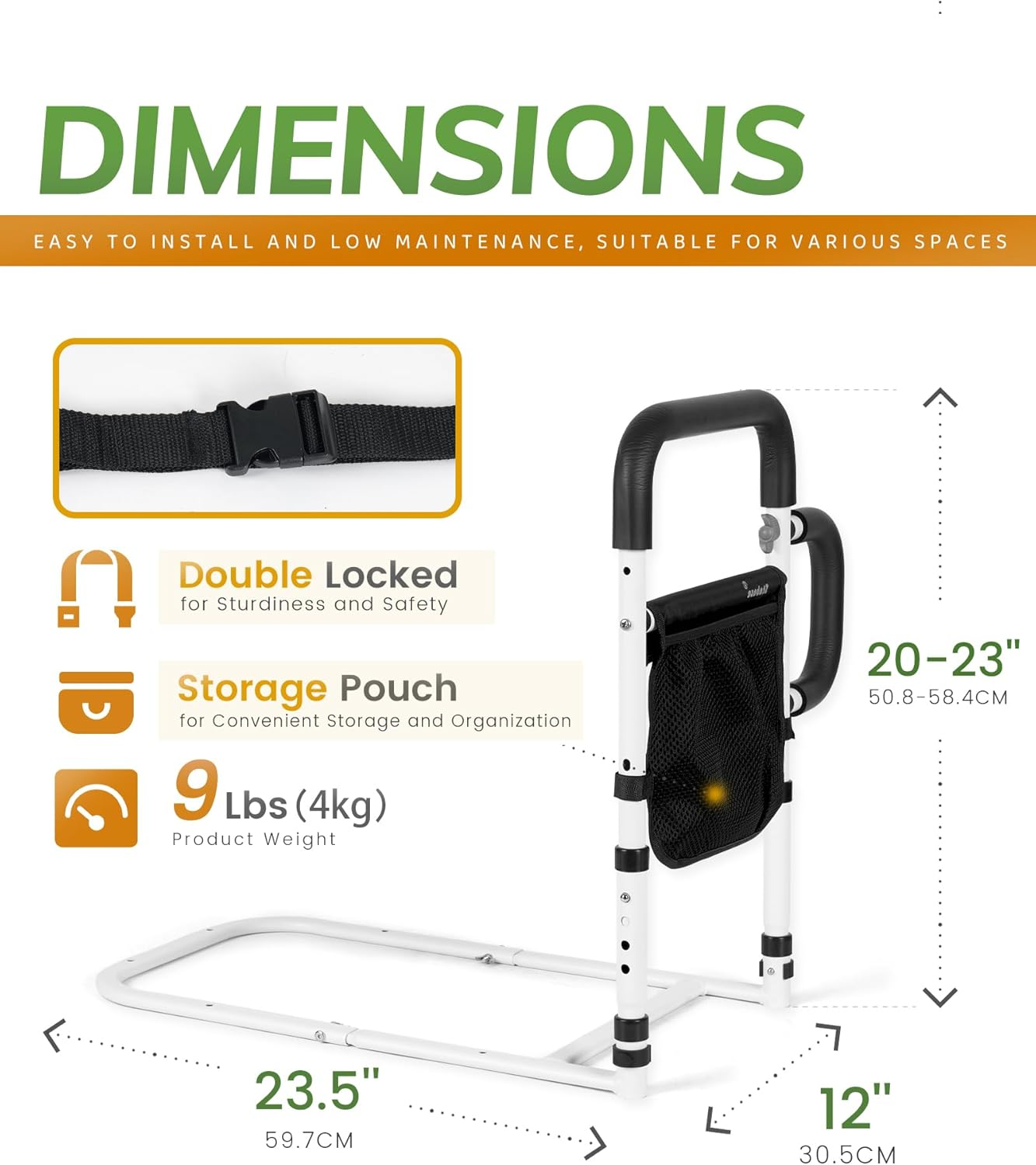 Bed Rails for Elderly Adults Safety - Adjustable Bed Cane with Non-Slip Ergonomic Handle and Storage Pocket, Stable Bed Assist Rails for Seniors Hold up to 150Kg, Fits All Bed Sizes image number 3