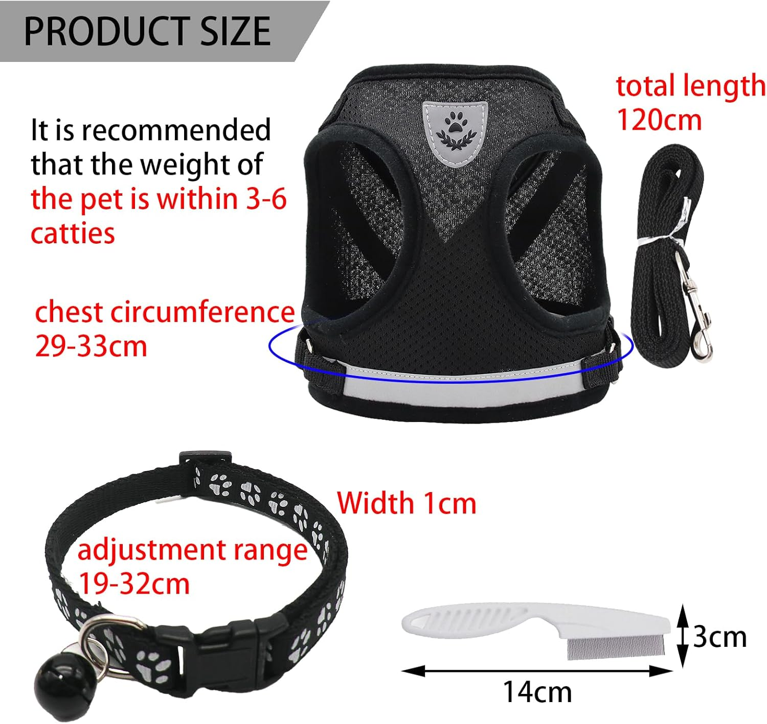 DKDDSSS Cat Harness with Lead Set, Cat Harness, Escape Proof, Adjustable, Cat Vest with Reflective Stripes with Cat Collar, for Kitten Dogs (S, Black) image number 5