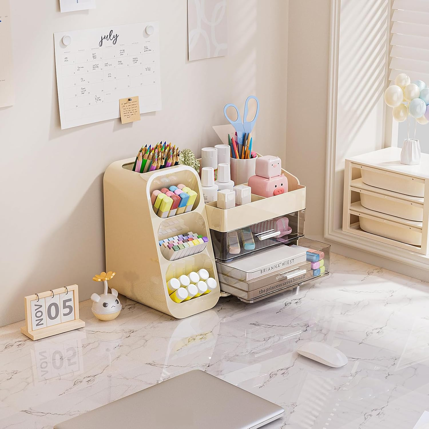 Multi-Tier Vanity Makeup Organizer with Drawers - Built-In Brush Holder for Bathroom, Spacious Cosmetic Storage Case Bathroom Skincare & Beauty Organizer for Essentials (Beige) image number 5