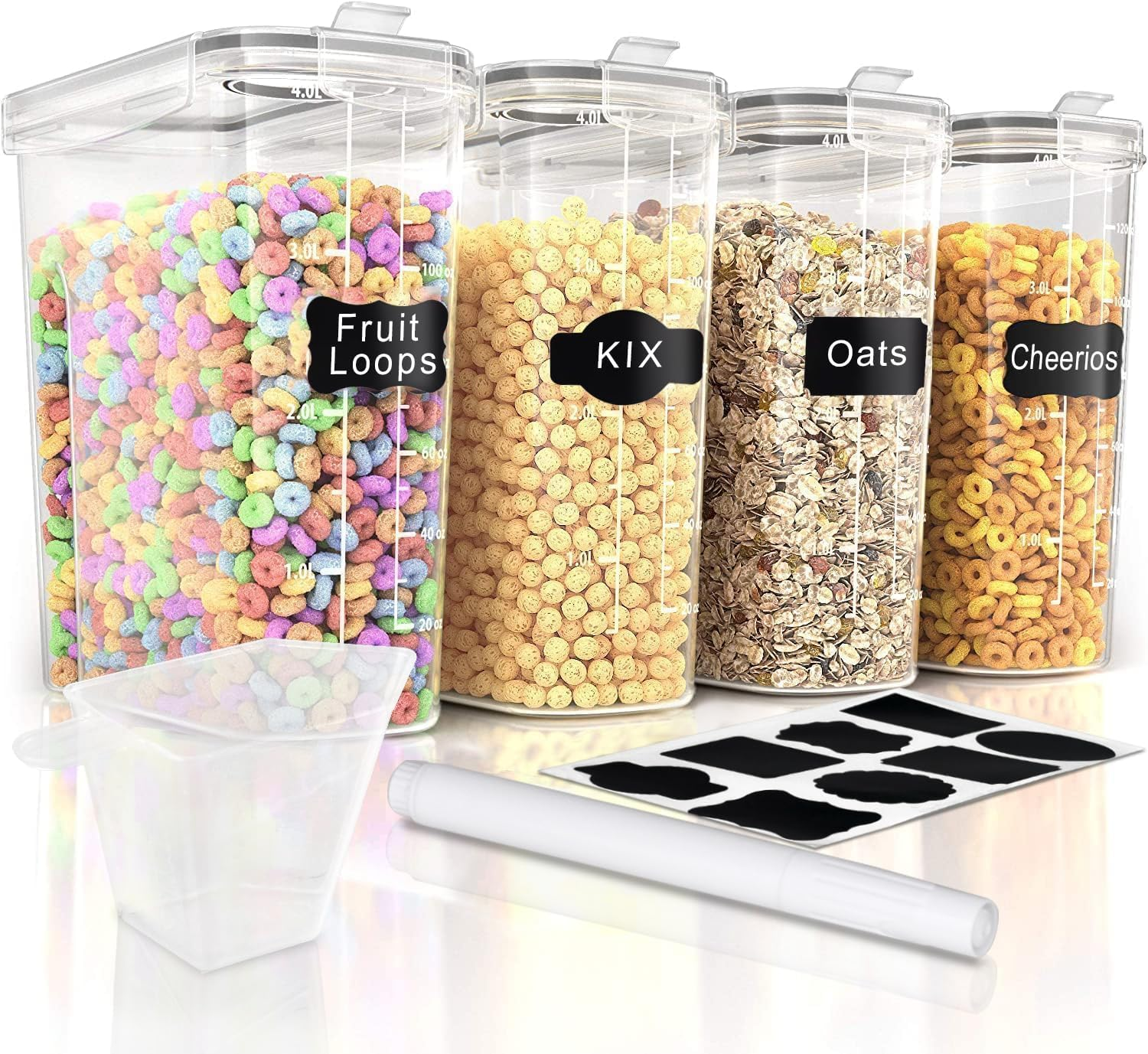 Cereal Containers Storage - 4 Pack Liter Airtight Large Food Storage Containers & Cereal Dispenser for Pantry Organization and Storage with 1 Marker 8 Labels (Clear, 4 Liter/Each) image number 5