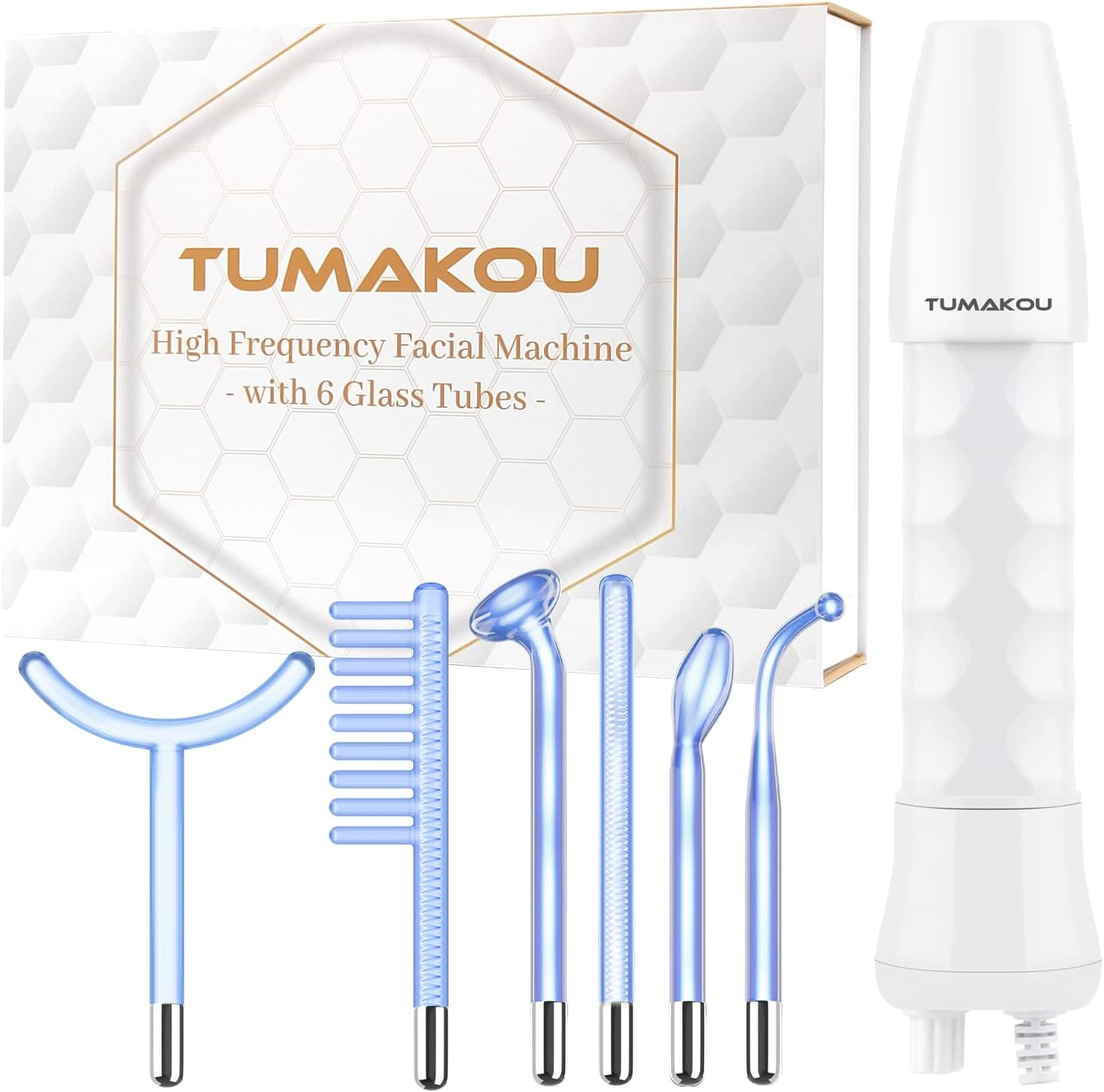High Frequency Facial Wand - TUMAKOU Portable Handheld Blue High Frequency Facial Machine Skin Face Wand - with 6 Different Glass Tubes(Violet+Orange Tech) for Skin/Face/Eyes/Hair image number 4