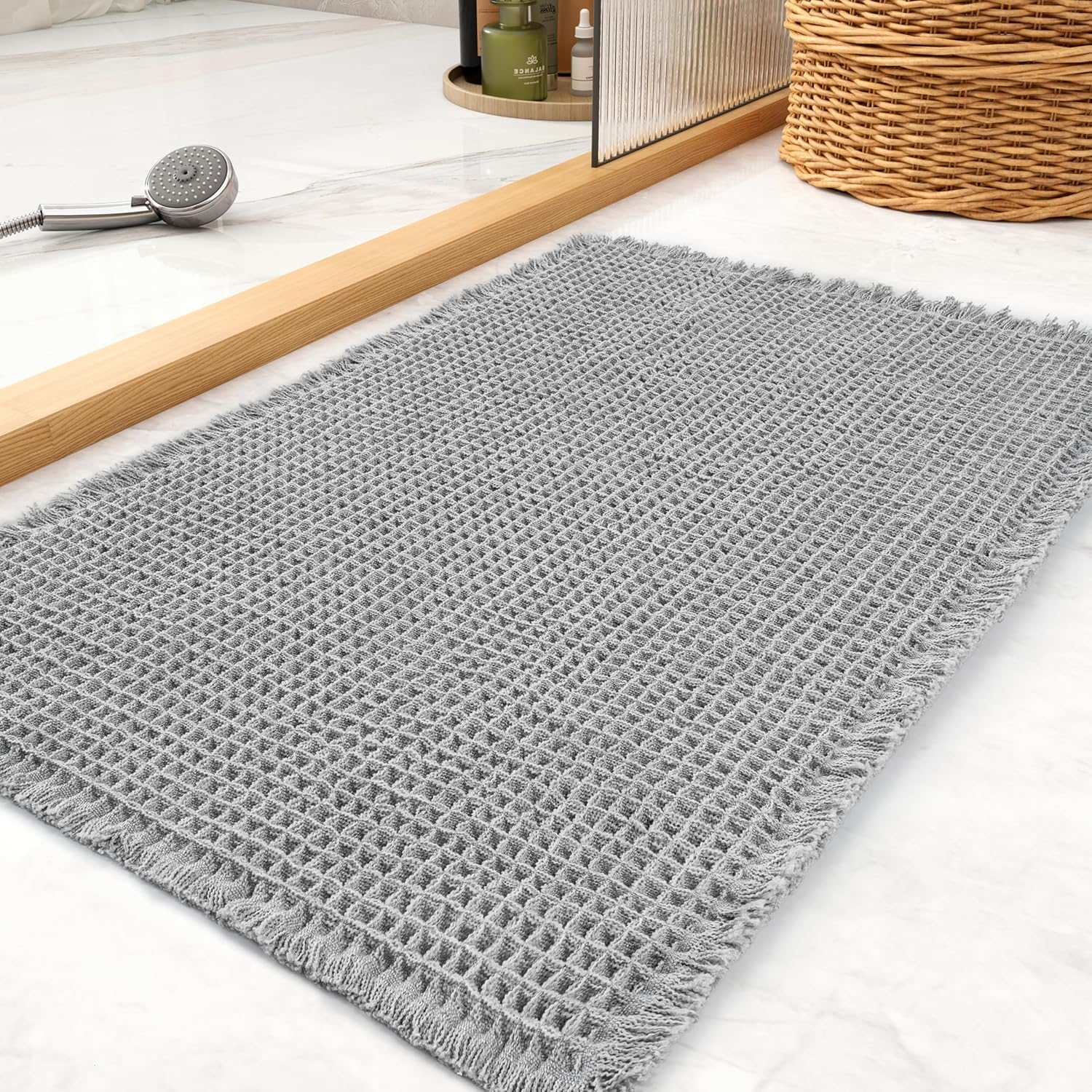 Upgraded Waffle Bath Mat 18" X 30", Super Absorbent Washable Non Slip Bath Rug Mats for Bathroom Floor, Extra Soft anti Slip Bath Room Mat with Tassels for Tub, Sink, Toilet, Quick Dry, Light Grey image number 1