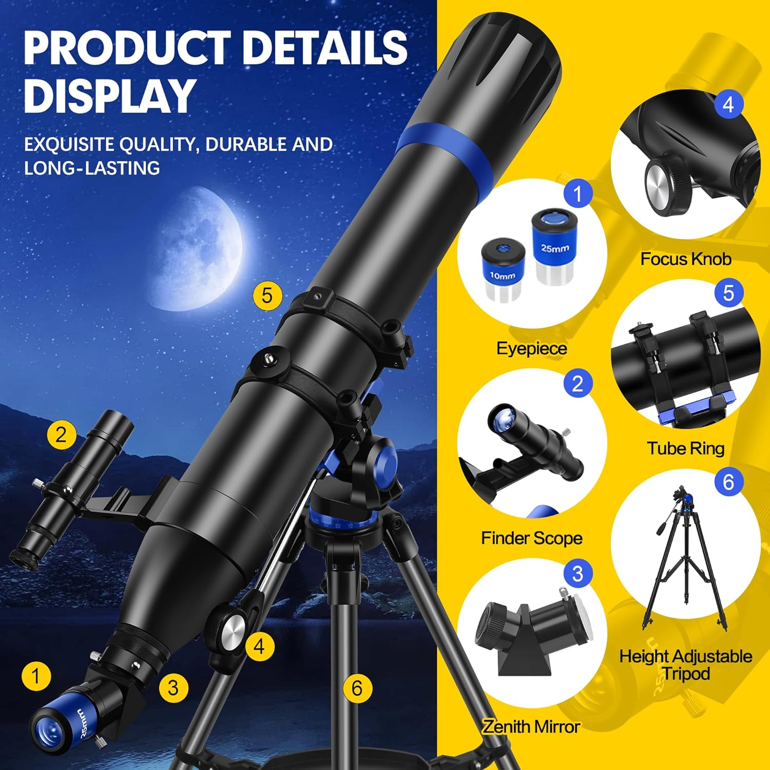 Telescope, 90Mm Aperture 800Mm-Telescope for Adults & Kids, Professional Refractor Telescopes for Adults High Powered, Beginner-Friendly, Phone Adapter & Stable Stainless Tripod, Portable Carry Bag