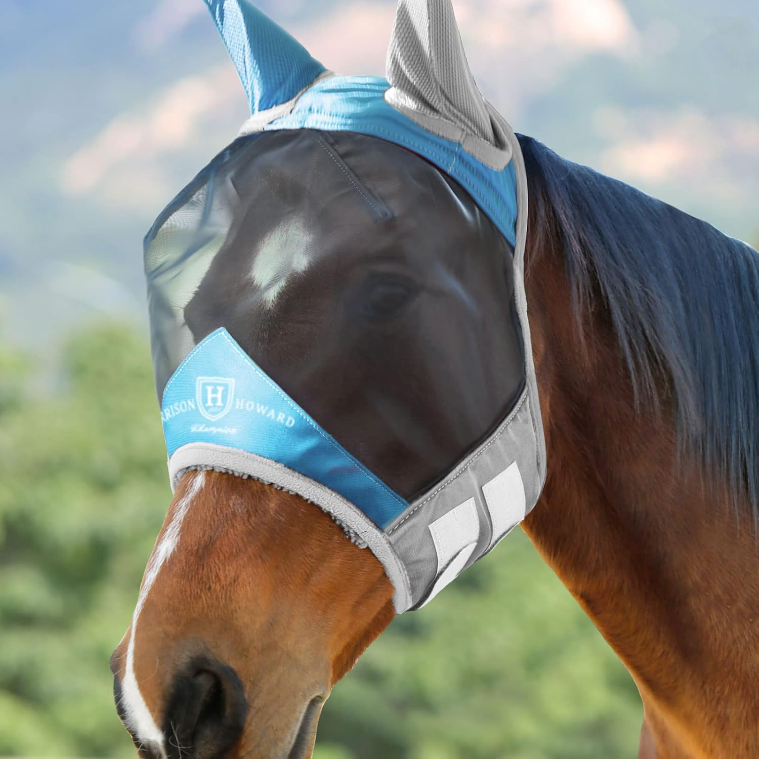 Harrison Howard Pro Luminous Horse Fly Mask Standard with Ears UV Protection for Horse Azure Blue/Silver XL Extra Full Size image number 6