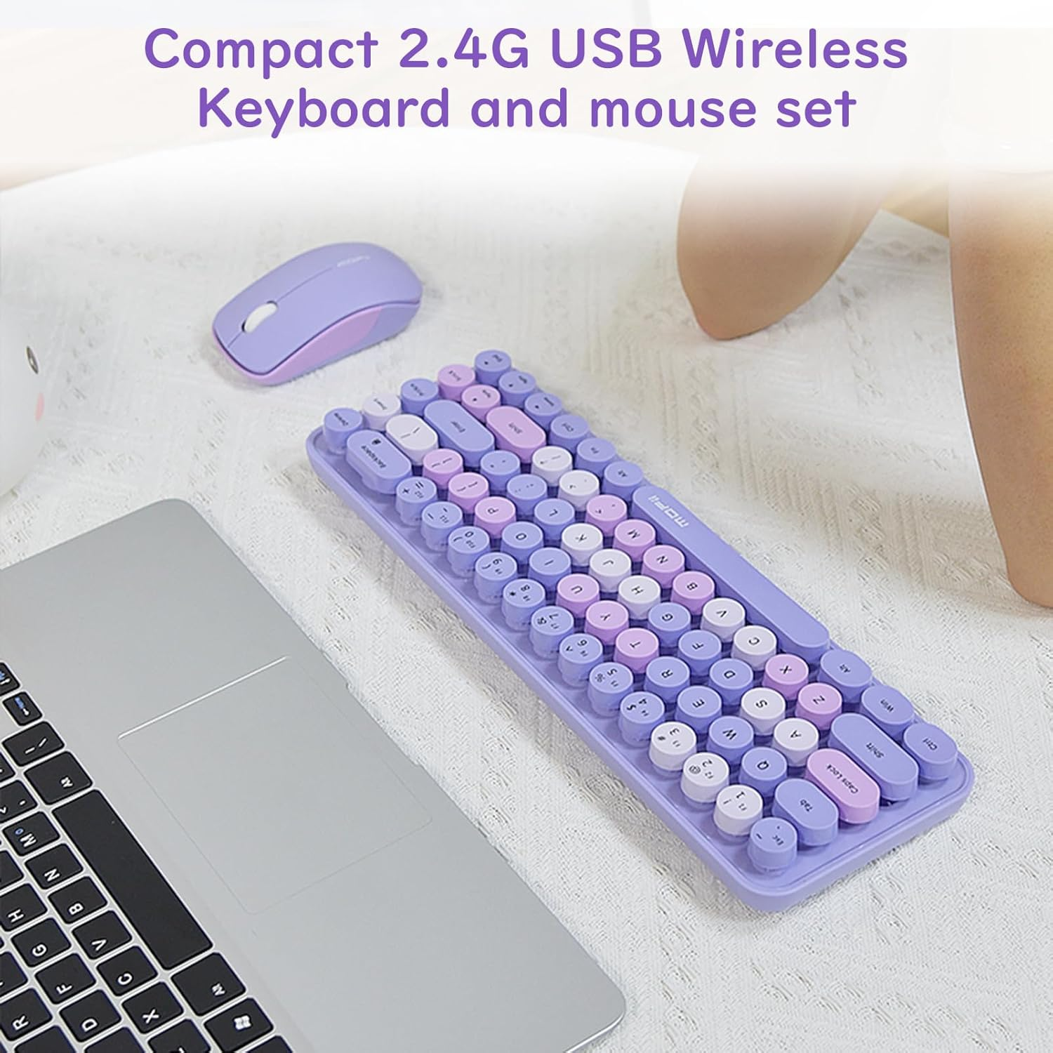 Compact Colorful Wireless Keyboard and Mouse Combo, Soundless 68 round Keys, Suitable for Girls and Kids, Compatible with Notebook, PC (Purple) image number 1