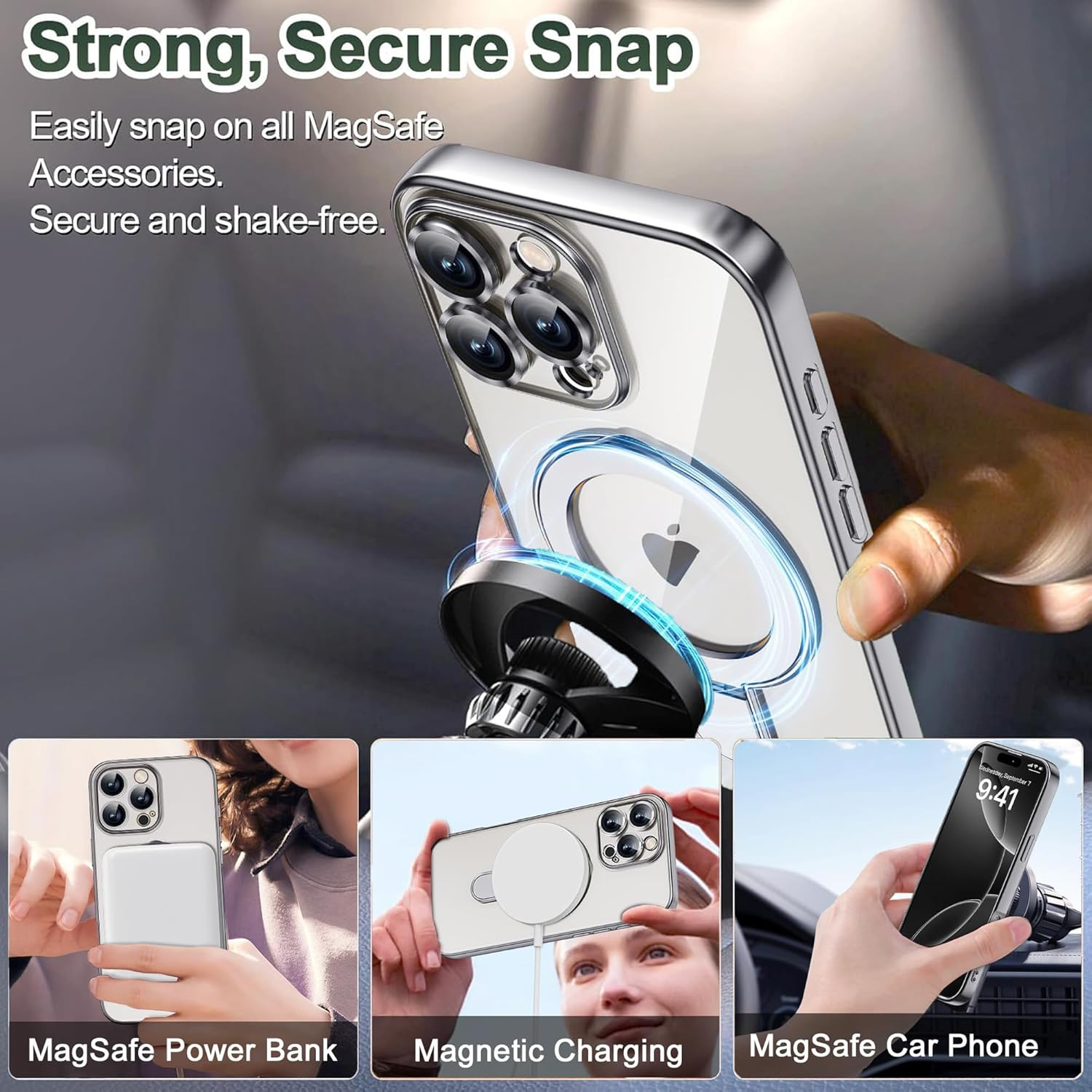 For Iphone 16 Pro Max Case, Phone Case Iphone 16 Pro Max with Invisible Magnetic Ring Stand [Compatible with Magsafe] [Full Camera Protection] Plating Clear Back Phone Case Covers, Silver image number 6