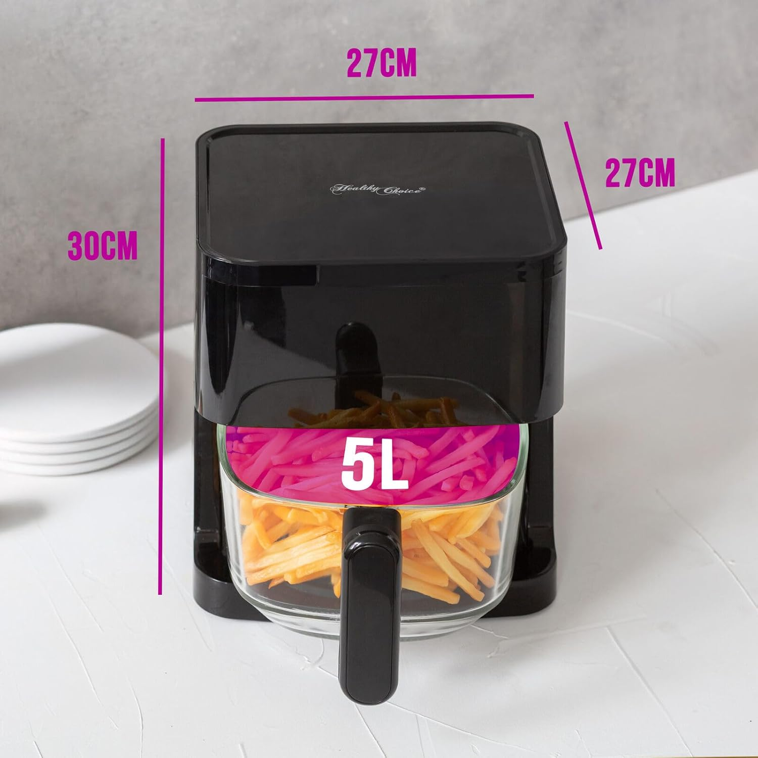 Healthy Choice 5L Glass Digital Air Fryer with Touch Control Panel, 7 Presets, Adjustable Temperature 80&ndash;200&deg;C, Easy-Clean Dishwasher-Safe Basket