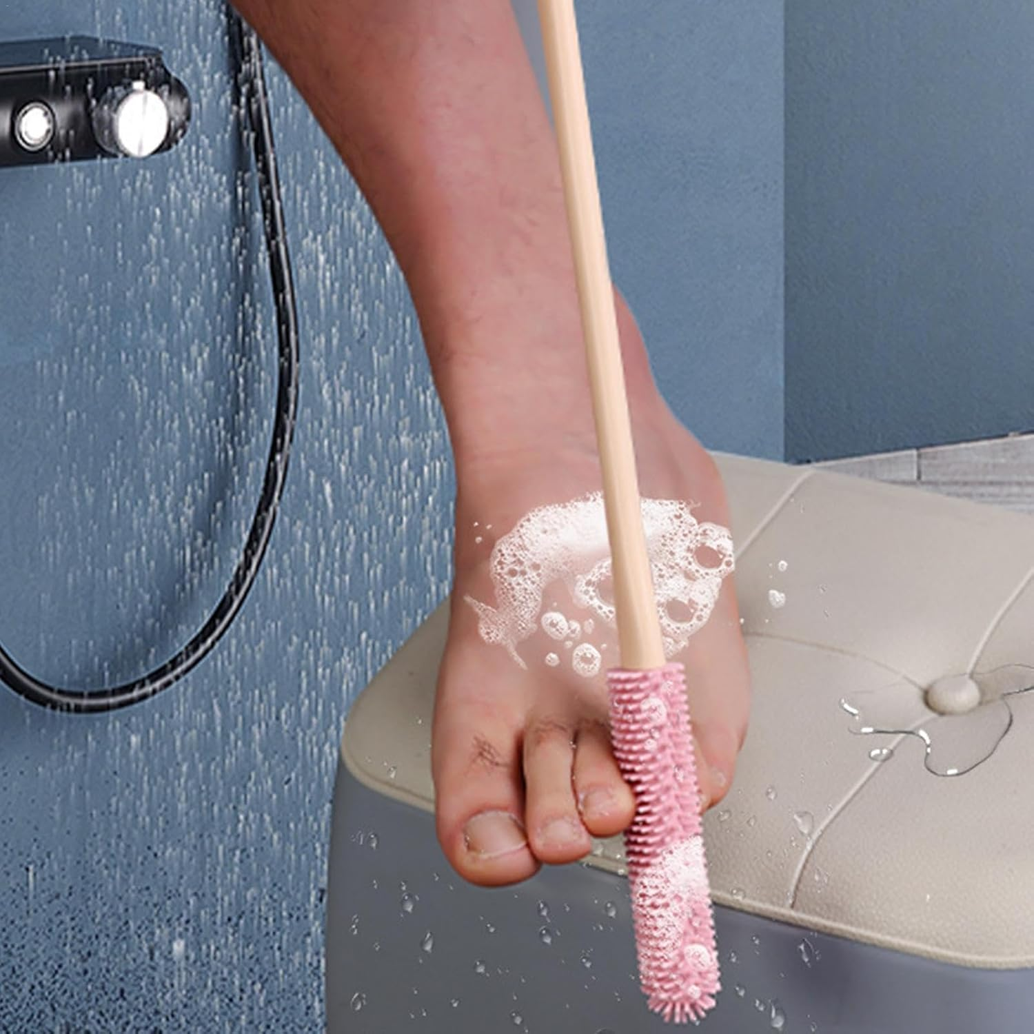 CARRORABI Toe Scrubber - 2-Piece Foot Scrubber for Toe Cleaning | Toe Lotion Applicator, Foot Towel Brush, Shower Foot Brush for Seniors, Elderly, Disabled Adults(Pink) - Pink image number 6