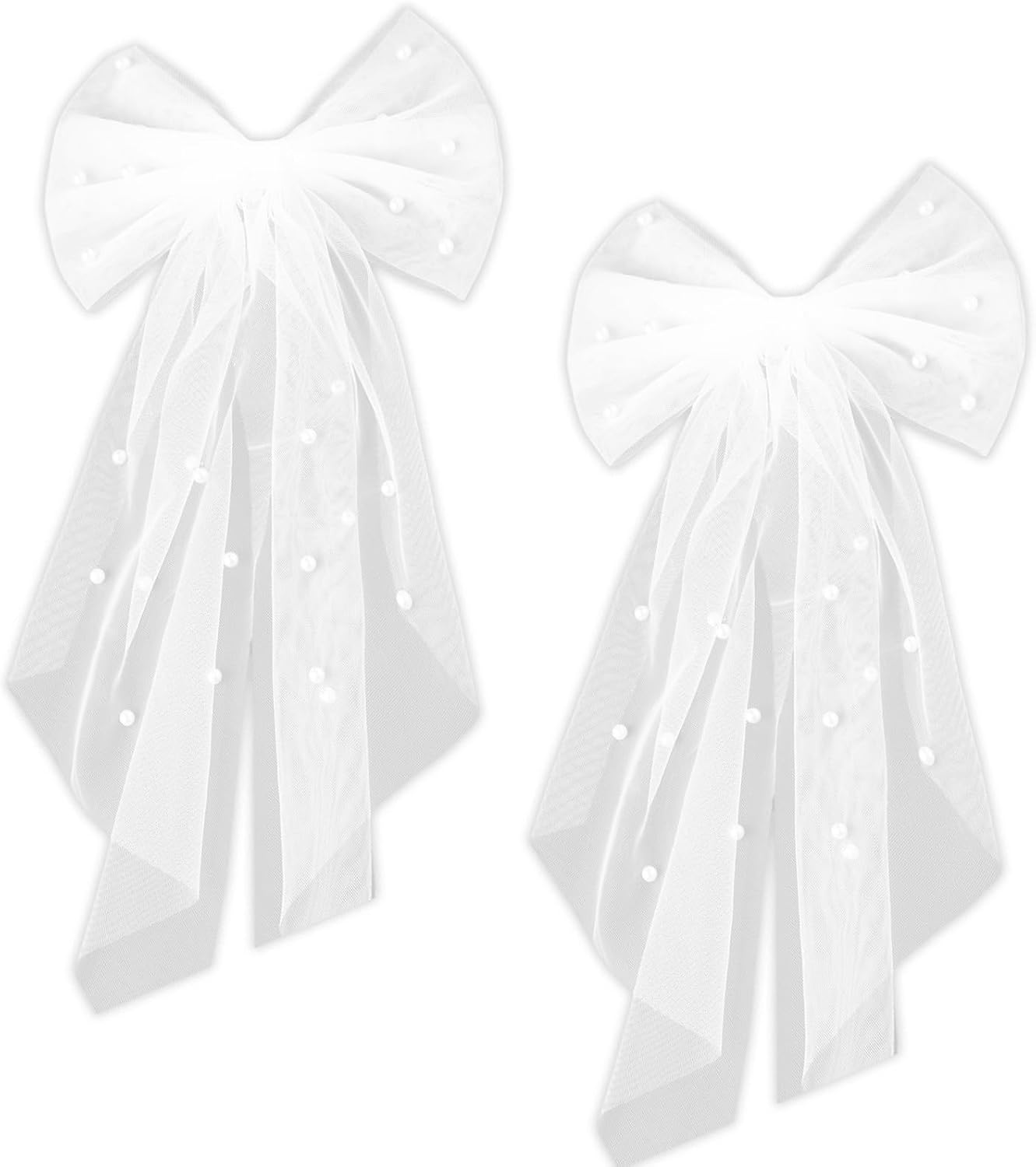 AYNKH 2Pcs Bridal Hair Bow Veil Pearl, White Bow Hair Clips Bridal Sweet Hair Accessories for Women Girls Birthday Shower Bridal Party image number 5