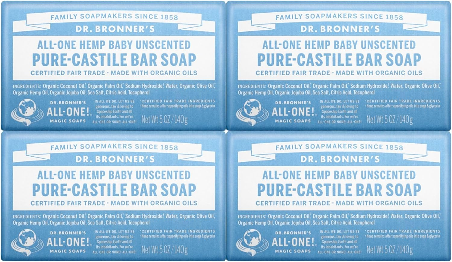 Dr. Bronner&rsquo;S - Castile Bar Soap 4 Pack - Organic Oils - Gentle Skin Care - Baby Unscented - (4X140G) Bars image number 1