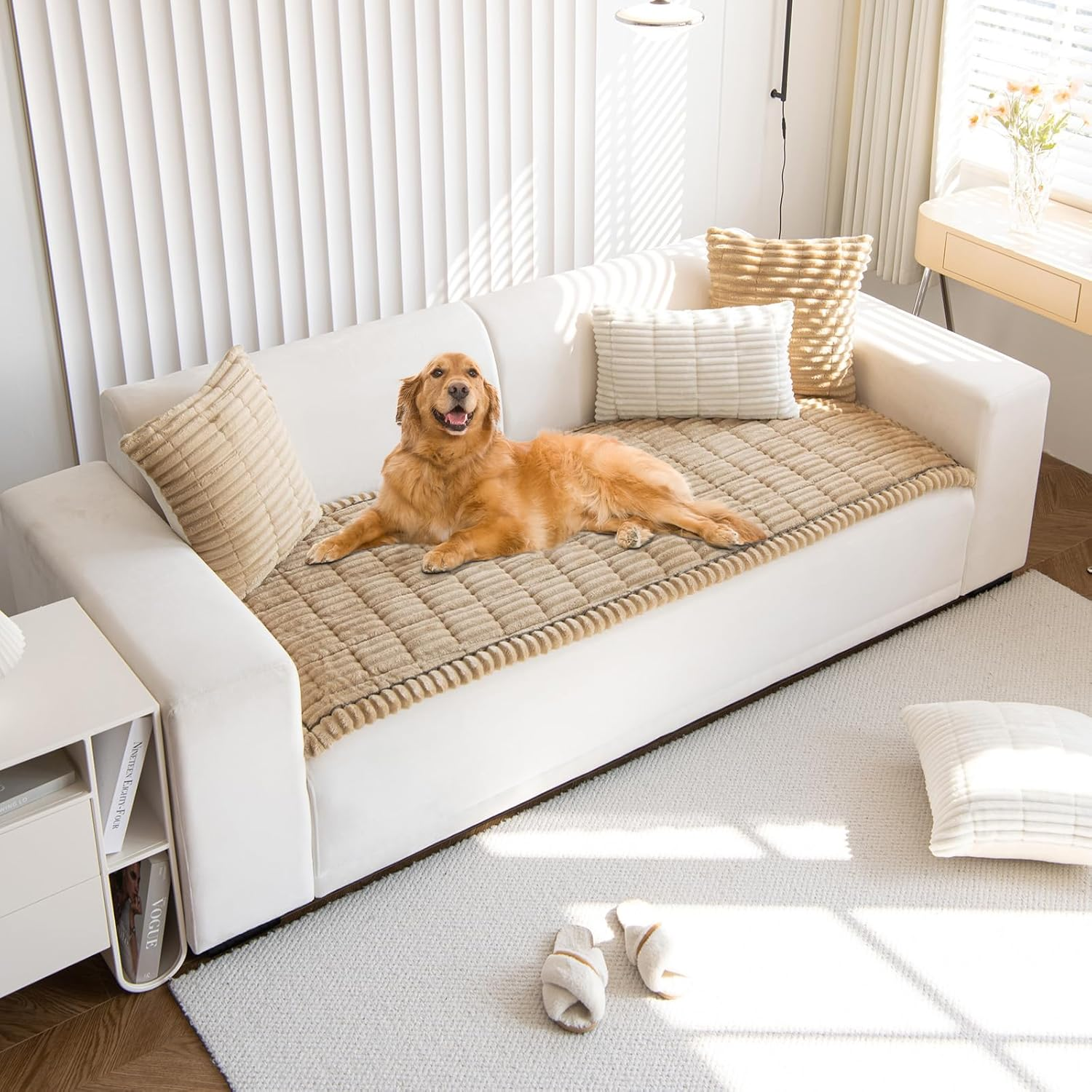 STACYPIK Waterproof Beige Sofa Cushion Covers Dog Couch Cover for 3-4 Cushion Couch Water Resistant Slipcover Furniture Protector Non-Slip Pet Protector Cover Leak Proof Couch Cover-71X134In