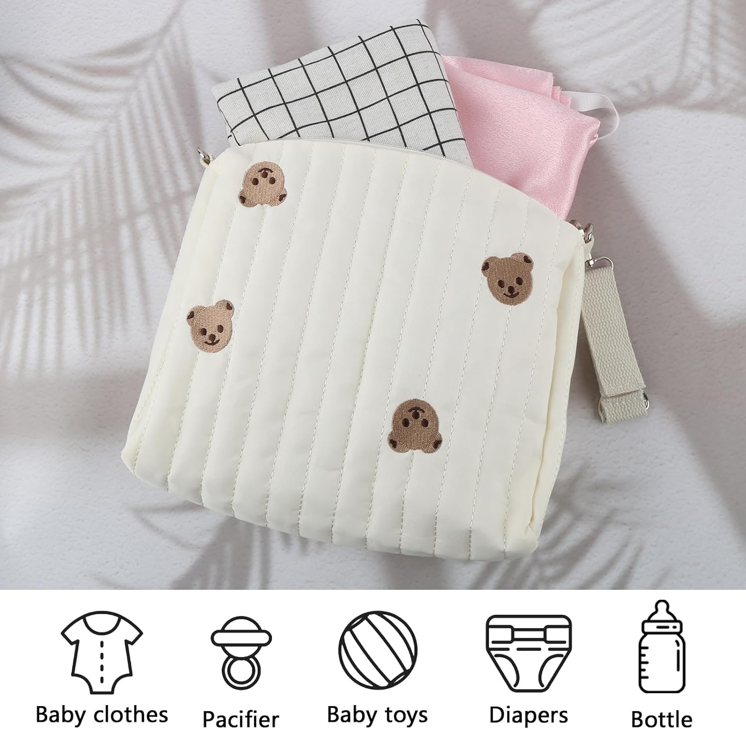 Portable Diaper Bag, Embroidery Bear Baby Changing Bags, Cotton Nappy Bag Organiser, Mum Bag with Pram Hook, for Mum Baby Travel, White, Black, Black image number 4