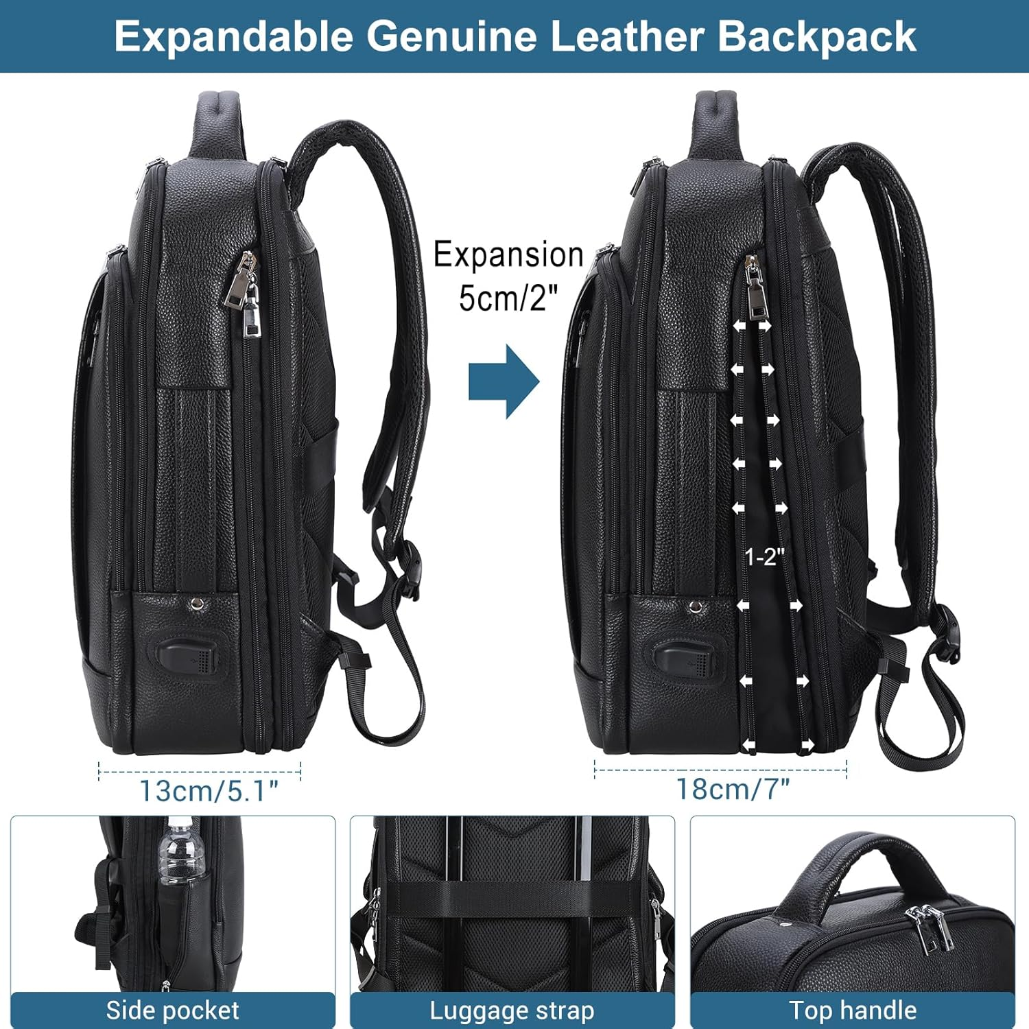 Tiding Genuine Leather Expandable Backpack for Men Women 15.6" Laptop Back Pack Work Business Travel Shoulder Daypacks image number 6