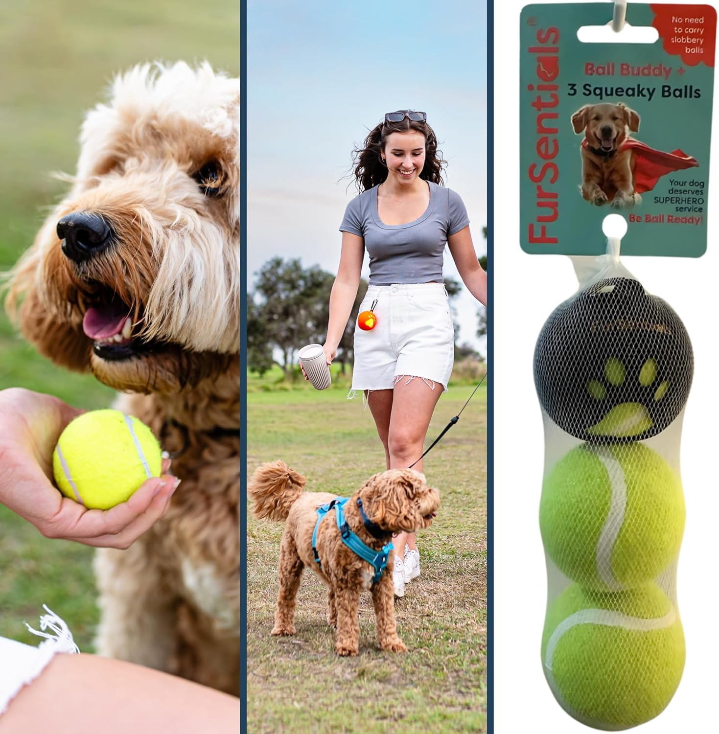 3 Dog Squeaky Tennis Balls + Silicone Dog Ball Holder for Dog Leash - with Carabinar Attachment Clip - Squeaky Dog Toy Balls with Holder for Hands-Free Dog Walking Accessory_Black Ball Buddy Trio image number 3