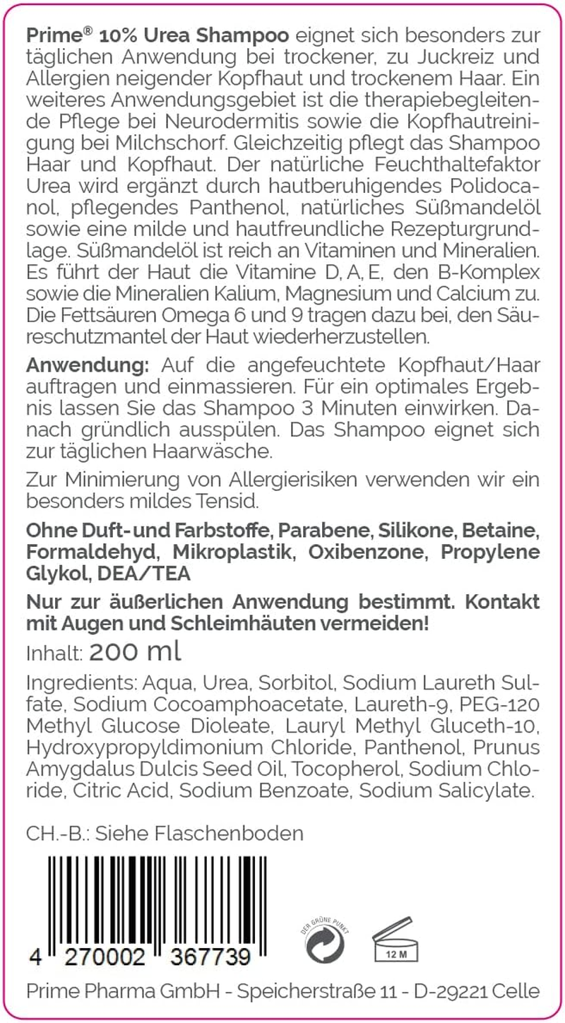 Prime&reg; 10% Urea Shampoo (200 Ml) with Polidocanol, Panthenol and Sweet Almond Oil - Medical Hair Wash against Itchy and Dry Scalp - Environmentally Friendly Packaging image number 2