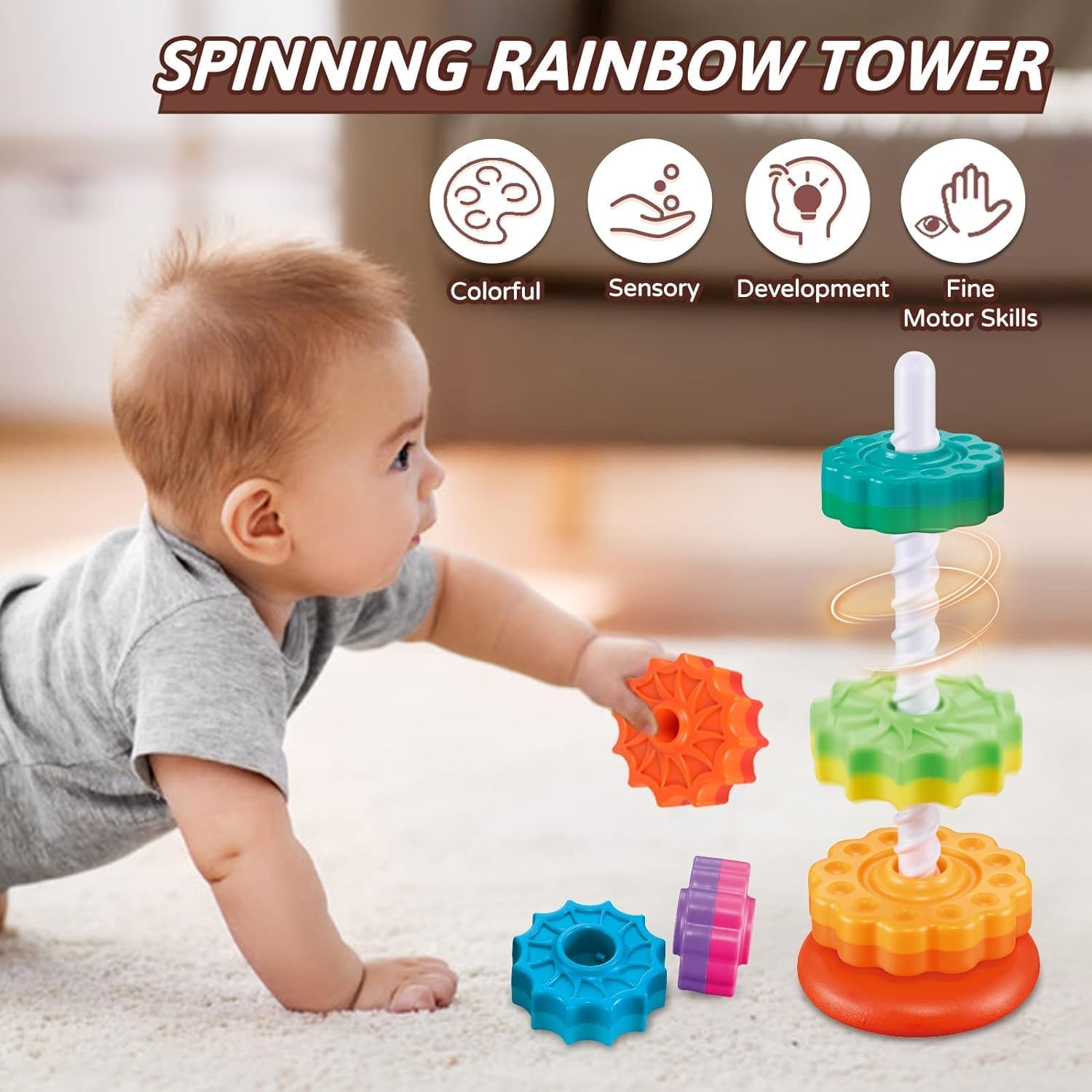 Baby Spinning Stacking Toys for Toddlers 1-3, Rainbow Ring Stacker Montessori Toys for Babies 6-12 Months, 1 2 3 One Year Old Girl Boy Christmas Birthday Gifts, Autism Sensory Learning Toy image number 3