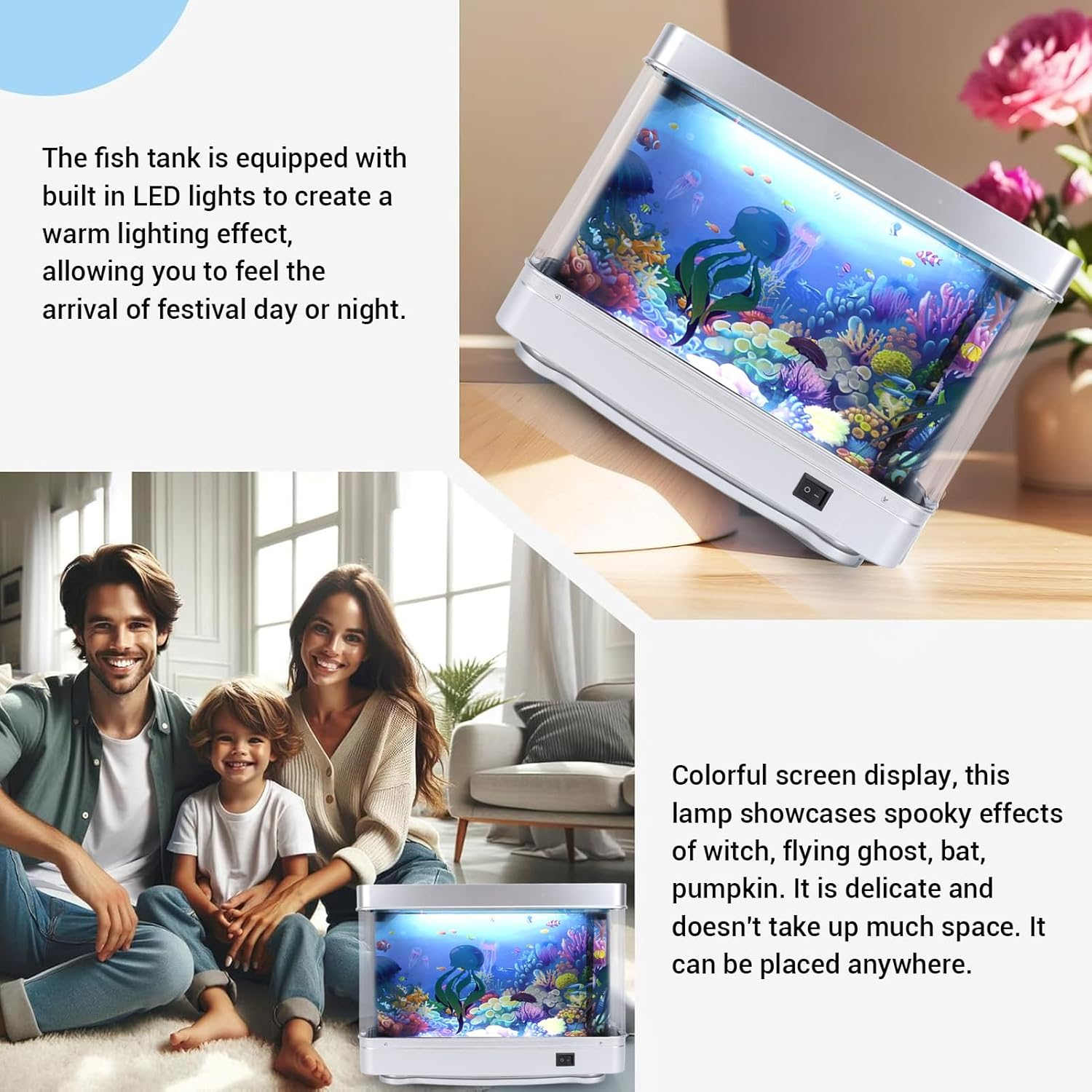 Fake Fish Tank with Moving Jellyfish & Fish, Mini Fake Aquarium Decorative Lamp, Artificial Aquarium Night Light for Desktop Bedroom Decor image number 6