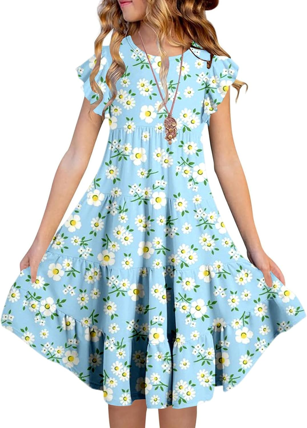 Summer Dresses Girls Casual Dresses Beach Dress Teenager Knee-Length Girls Dresses Casual Midi Dress Short Sleeve Party Dress Princess Dress Children'S Dress 6-15 Years image number 5