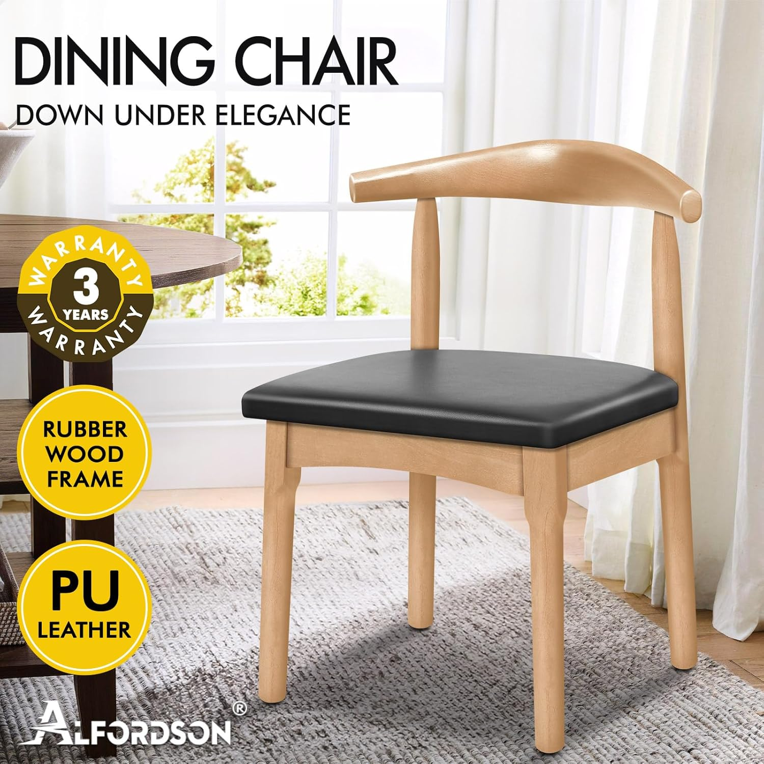 ALFORDSON 1X PU Leather Dining Chair, Retro Sytle Kitchen Chair with Ergonomic Backrest & Floor Protectors for Home Bar Cafe Office Table, Reading Seat 150Kg Capacity, Wood image number 5