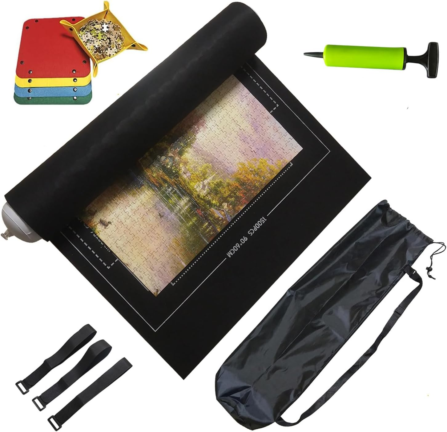 Taicols Jigsaw Puzzle Storage Roll Mat of 1500 Pieces with 4 Sorting Trays,Store Puzzle for Next Play, Jigsaw Puzzle Mat Roll Up, Jigsaw Puzzle Roll Mat Board Felt Mat Inflatable Tube Inflator (Black)