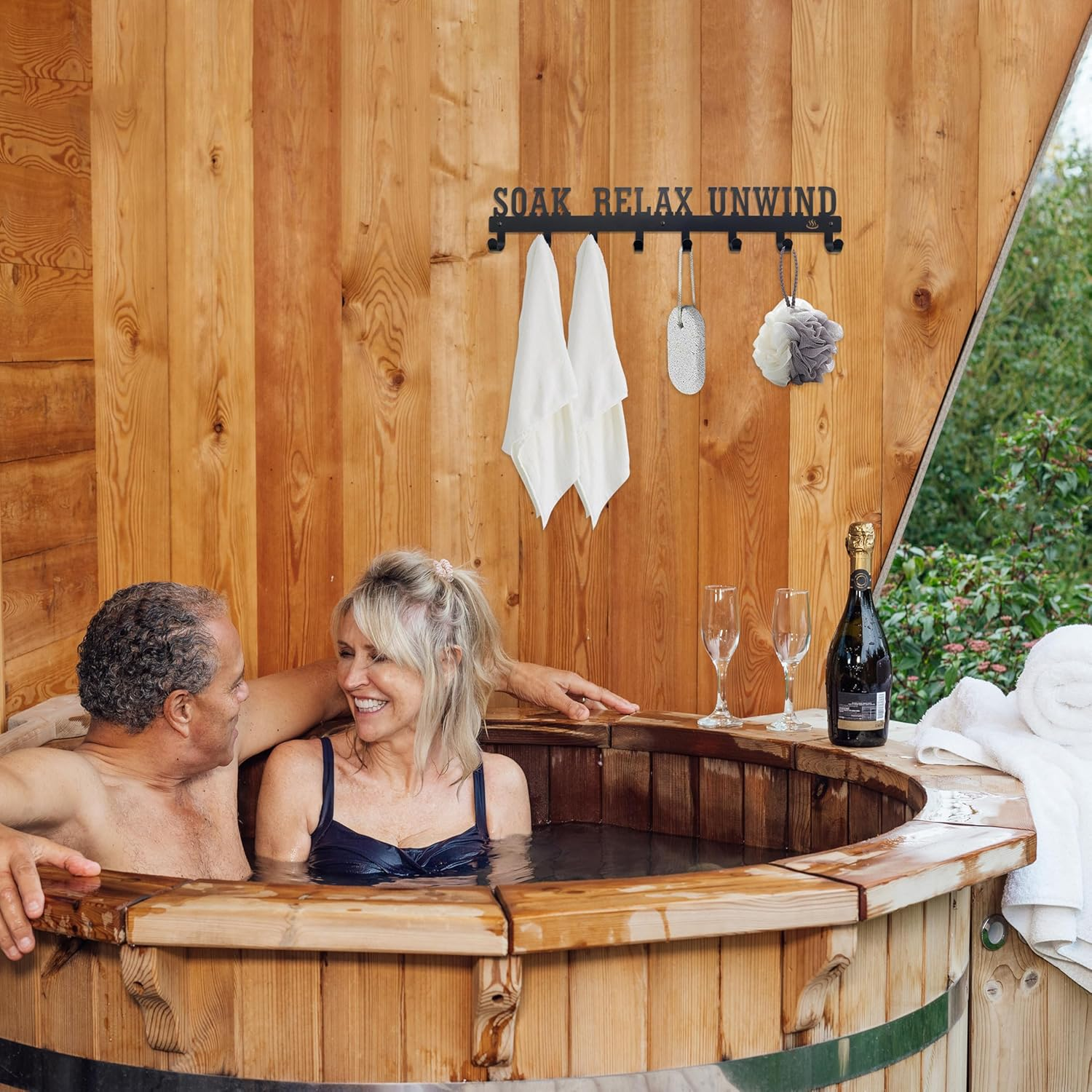 Noxozoqm Hot Tub Towel Rack for Outdoor 16.5 Inches, Hot Tub Accessories Holder with 8 Hooks, Towel Rack for Bathroom and outside Hot Tub, Wall Mount Towel Organizer for Towels,Coats and Robes, Black image number 1