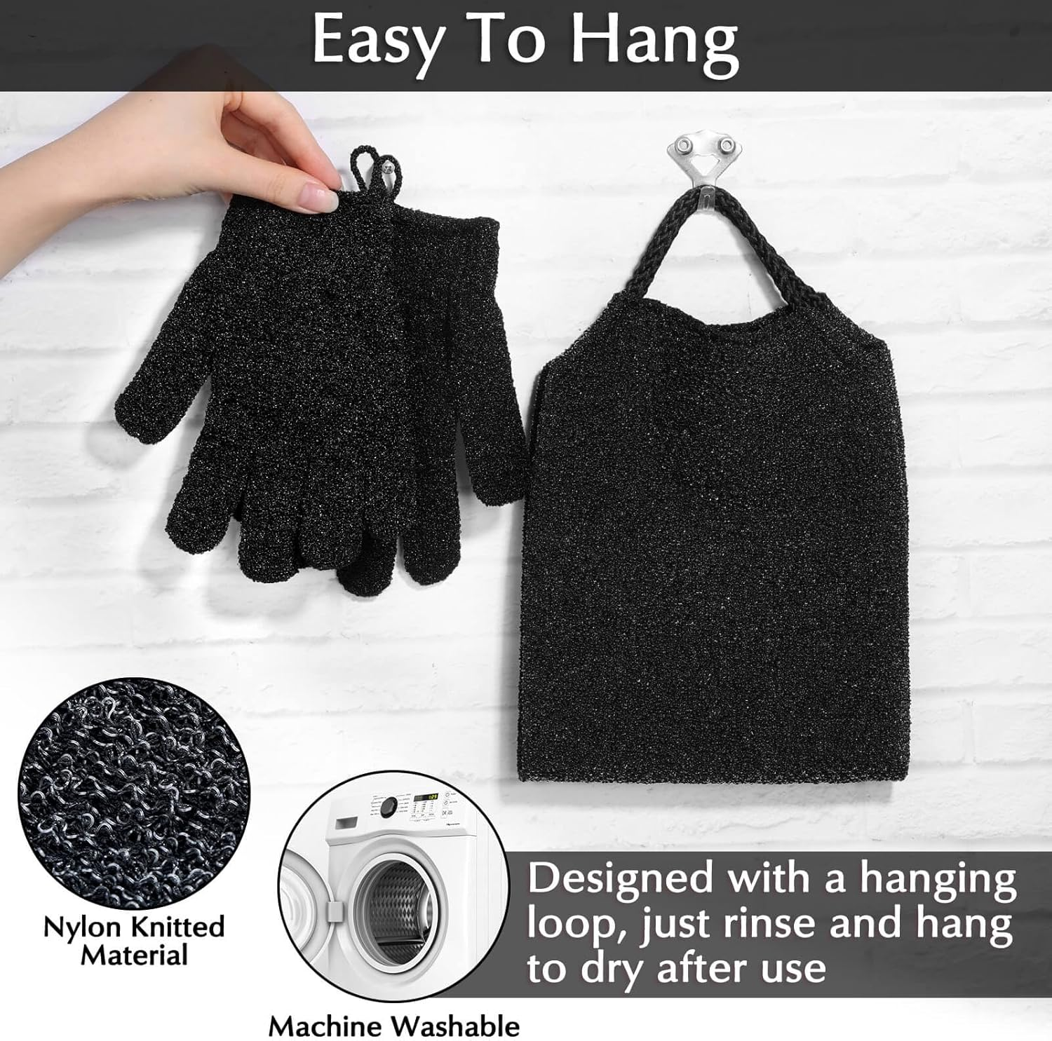 Anezus Exfoliating Back Scrubber Bath Gloves Set, Exfoliating Shower Towel with Shower Gloves for Body Scrub, Back Cleaner Wash Gloves to Remove Dead Skin (Black) - Beige image number 7