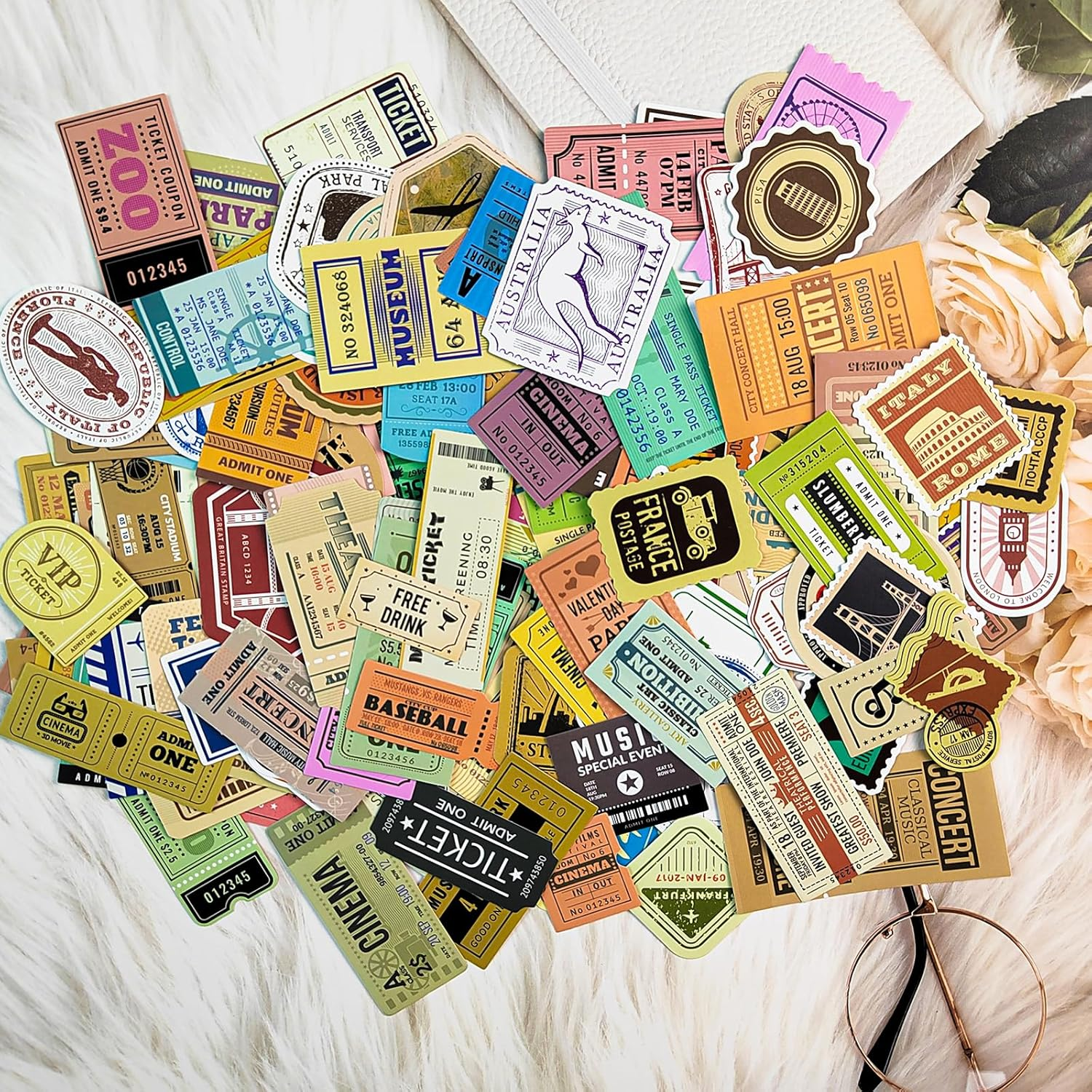 Prstincol 300 Pcs Vintage Travel Stickers Ticket Stickers for Journaling,Luggage Stickers Stub Stickers Vintage Stickers for Junk Journal Crafts Laptop Water Bottle Album Scrapbook