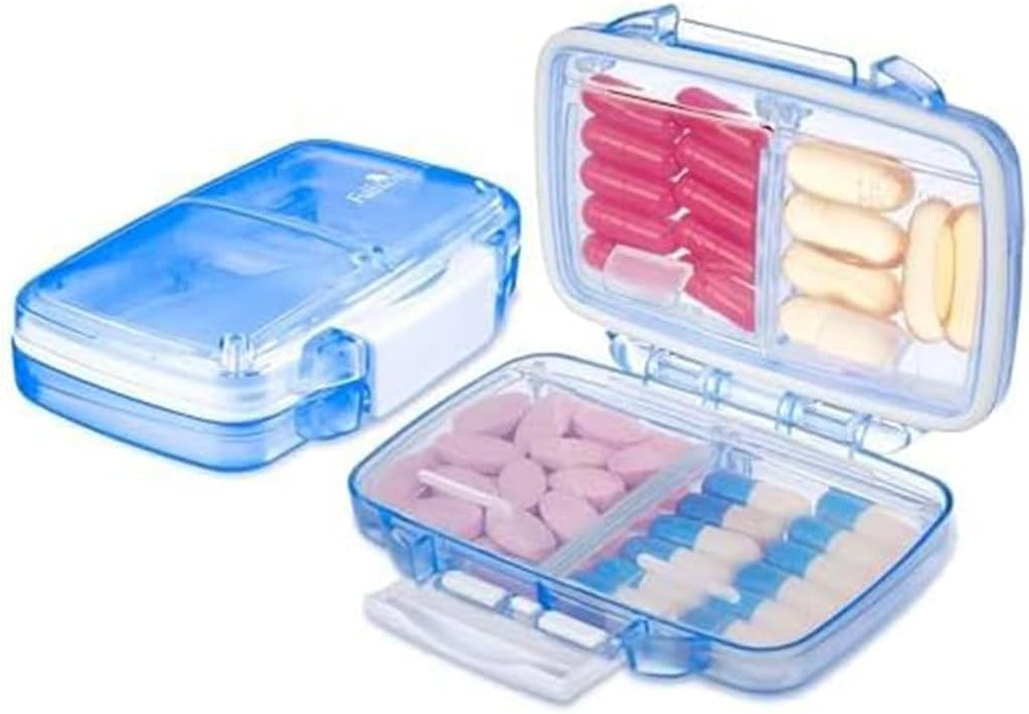 Fullicon 2 Pack Travel Pill Organiser, 4 Compartments Portable Pill Box, Moisture Proof Small Pill Case with Labels, Travel Pill Organizer with Double Lock, Pocket Pharmacy for Vitamin & Fish Oil (Blue) image number 4