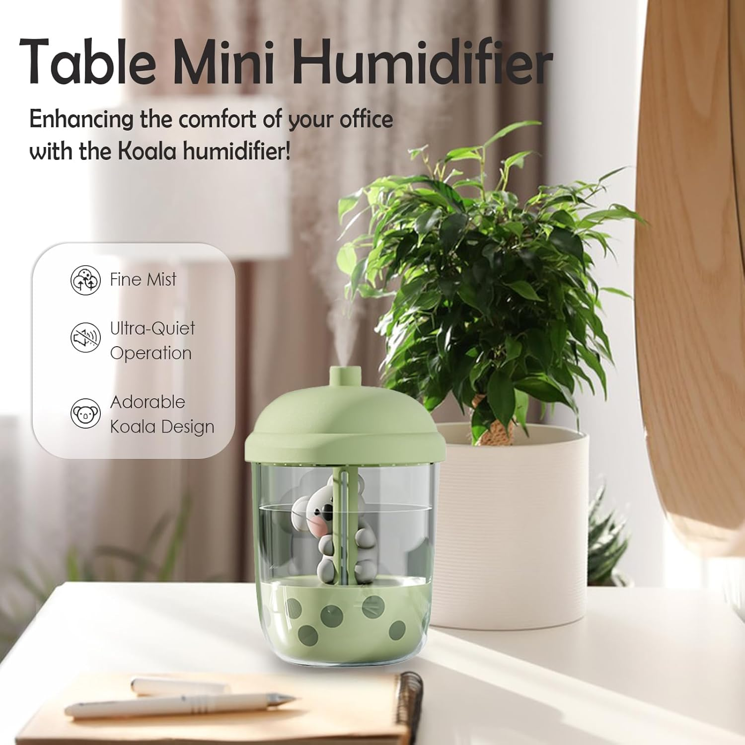 Kwude 450Ml Portable Humidifier, Mini Cool Mist Humidifier with Night Light, USB Personal Humidifier Auto Shut-Off, Ultra-Quiet (Green)