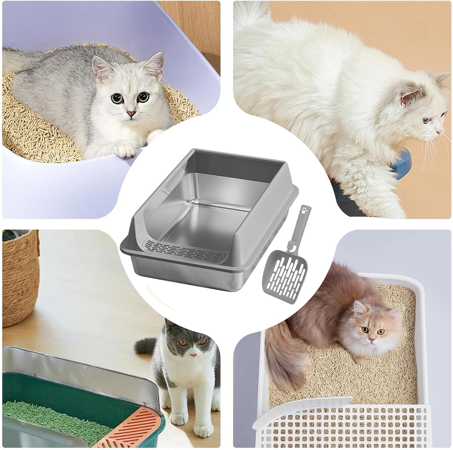 Lmyit Cat Litter Box - Stainless Steel Kitten Litter Box Splash-Proof with Scoop,Non-Stick Pet Accessories for Large Medium Small Cat Apartment Garden Balcony Terrace image number 4
