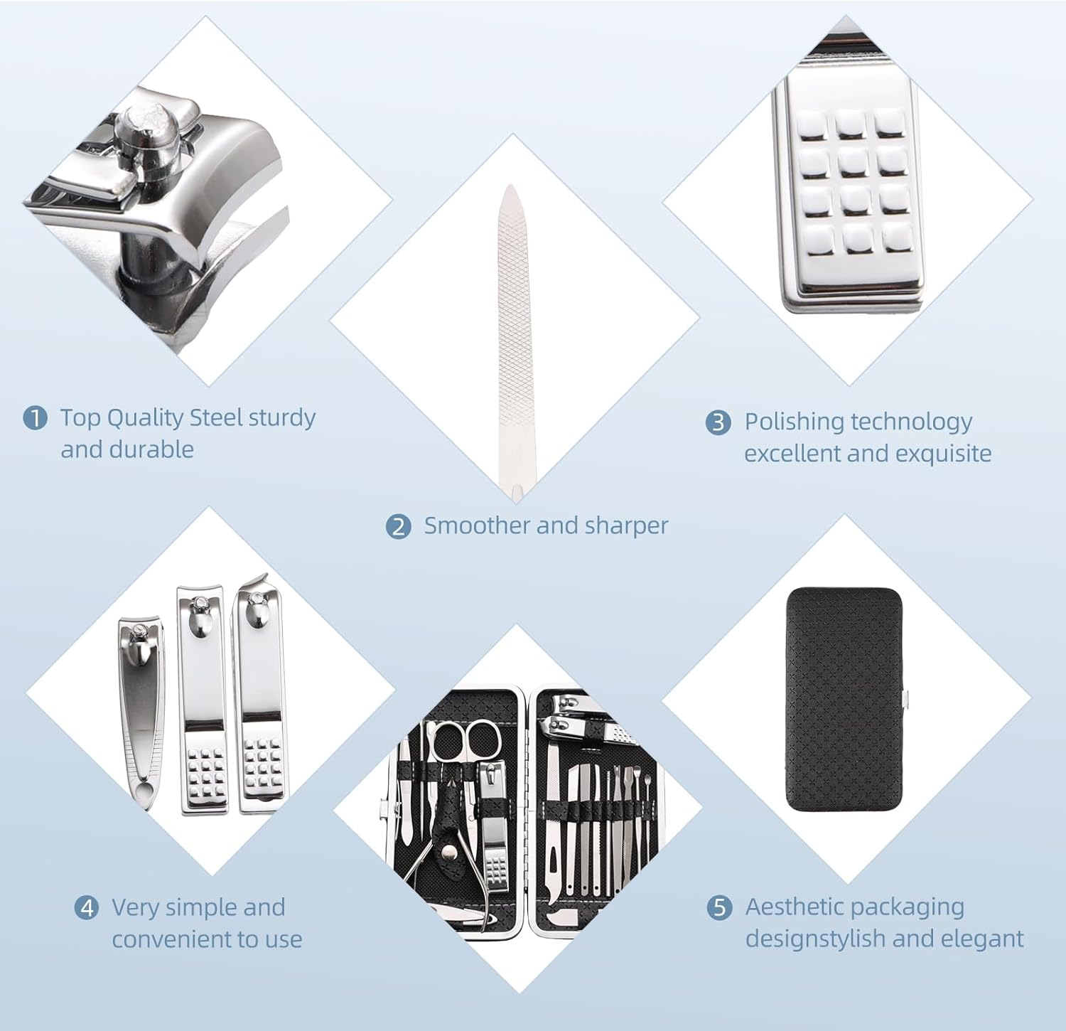 19 Pieces Manicure Set ，Nail Clippers Pedicure Kit，Stainless Steel Manicure Kit，Professional Grooming Kit，Nail Care Tools with Luxurious Travel Case (Black) image number 4