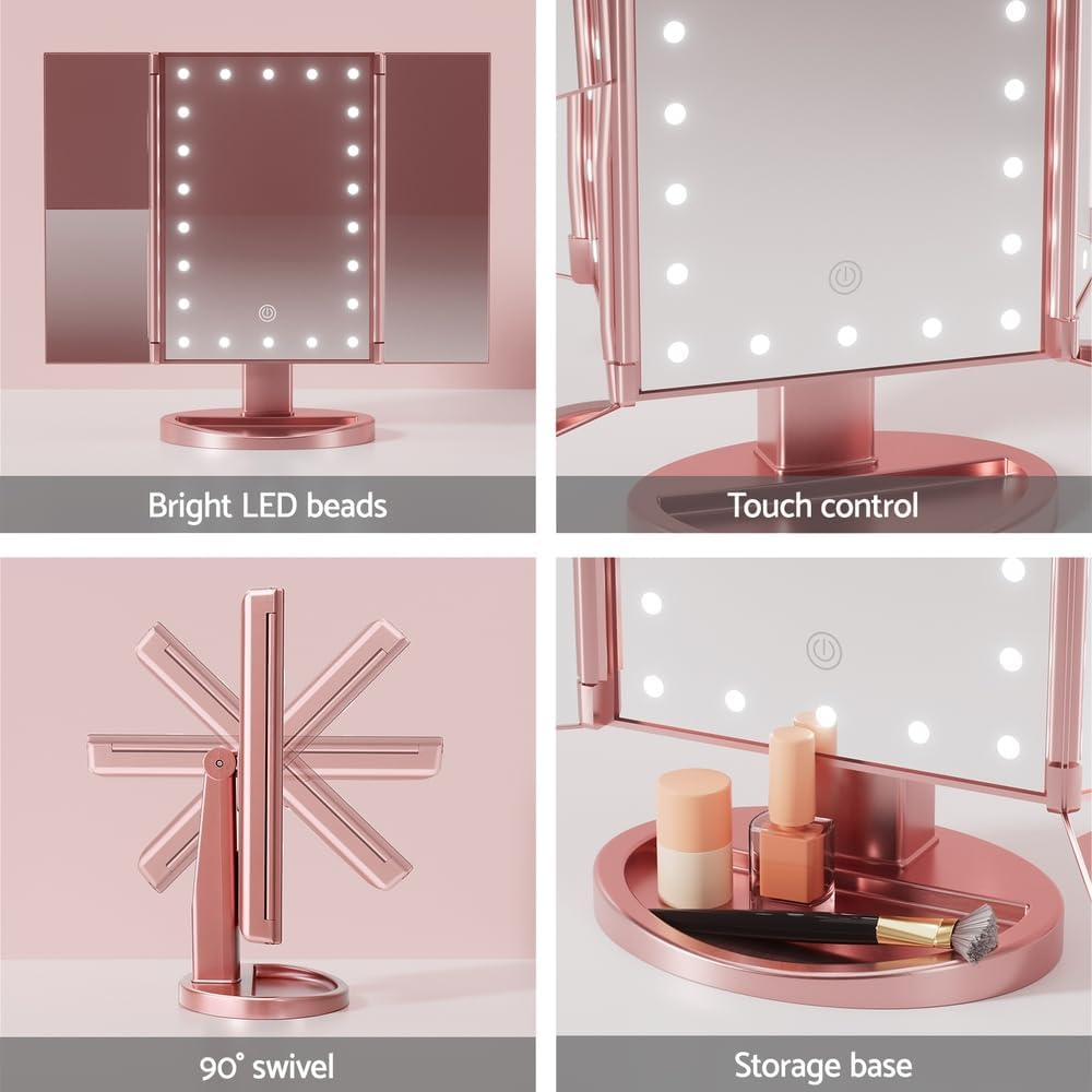 Embellir Tri-Fold Makeup Mirror 1X2X3X Magnifying Led Light Travel Portable Pink image number 5