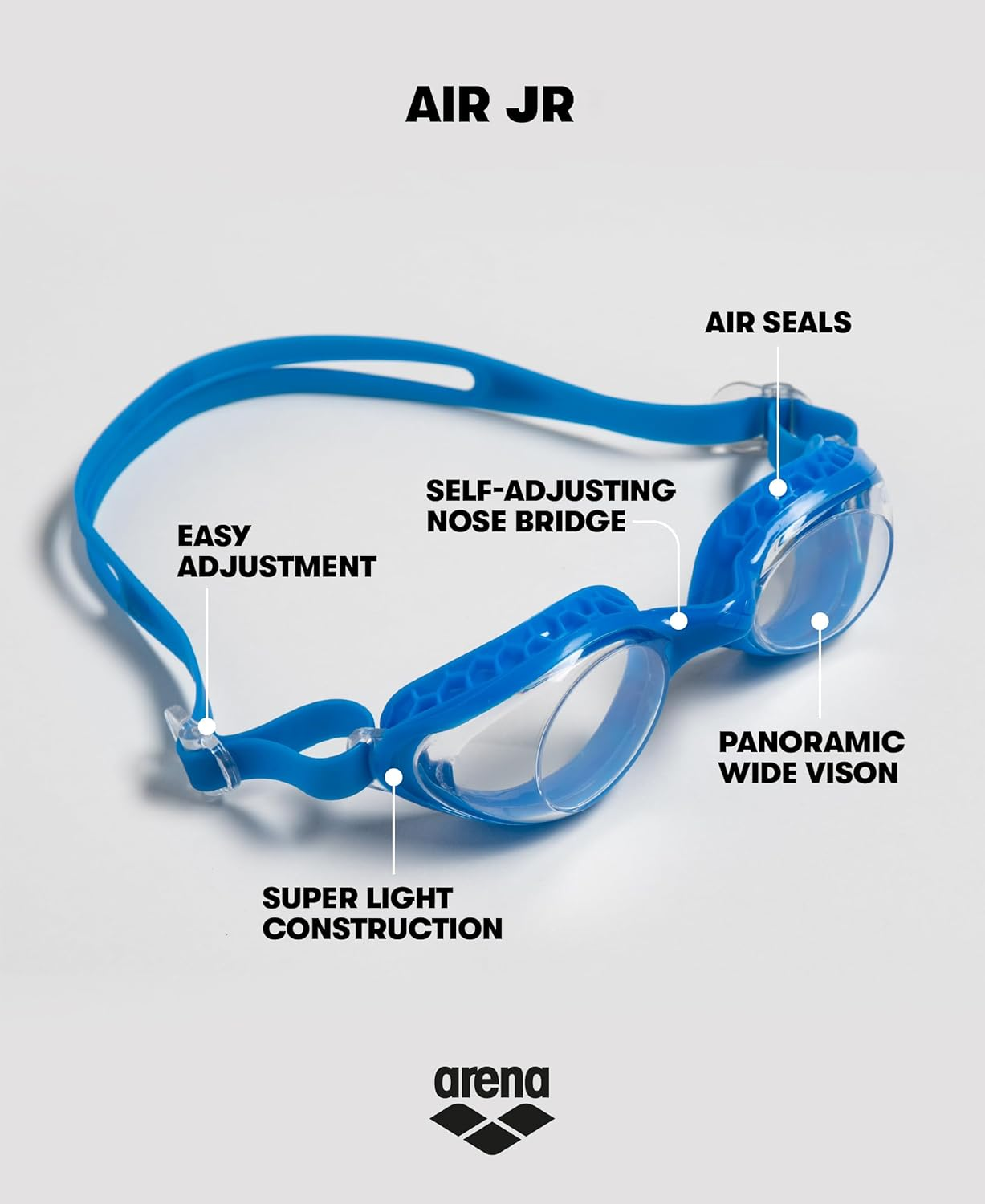 ARENA Air Junior Goggles for Children Age 6-12, Ultra-Light, Unisex Swim Goggles with Anti-Fog, UV Protection & Adjustable Fit, with Soft Air Seals for Maximum Comfort - Blue/Blue image number 5