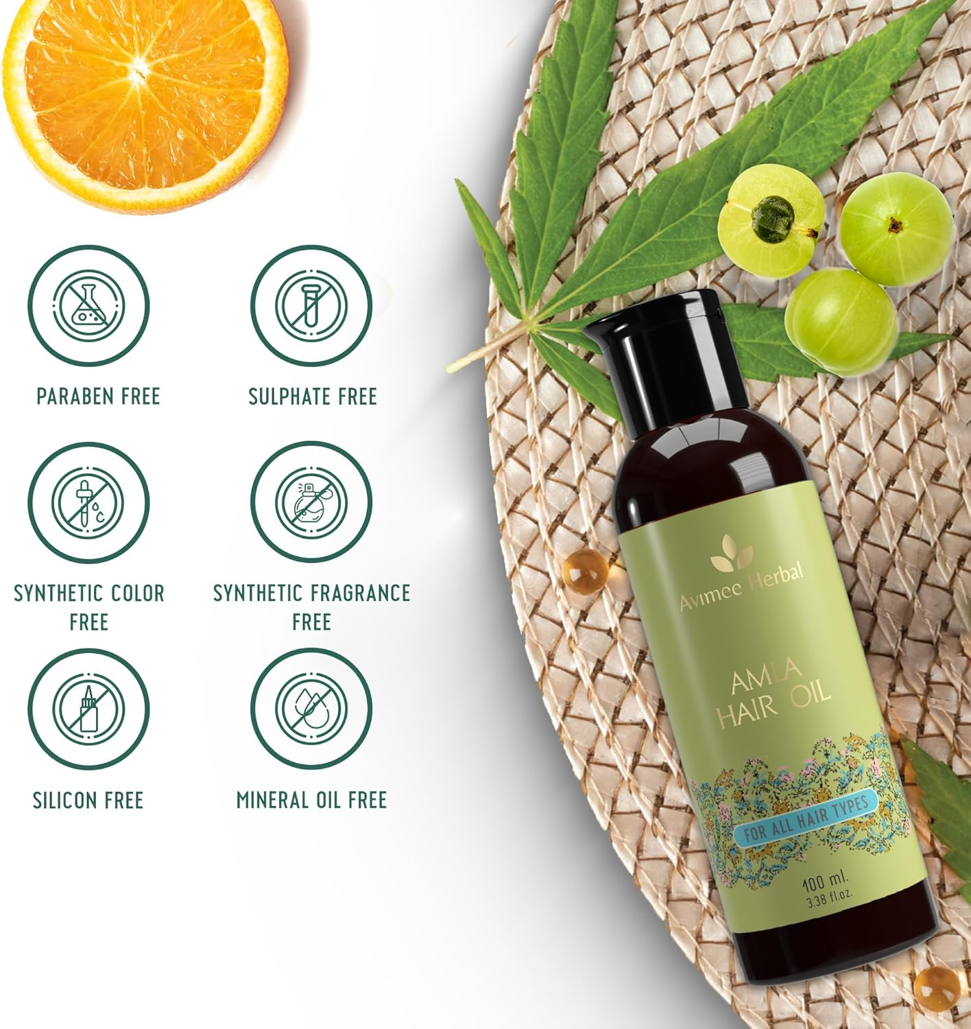 AVIMEE Herbalamla Hair Oil for Long & Strong Hair with Vitamin E & Amla Seed Oil, Mineral Oil Free, 100 Ml, Pack of 1