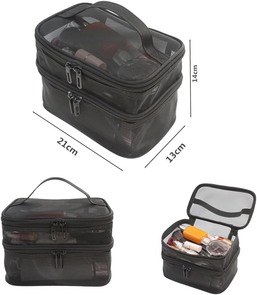 Double Layer Mesh Makeup Bag，Cosmetic Bag，Small Travel Kit Storage Pouch Clear Portable Toiletry Bags image number 4