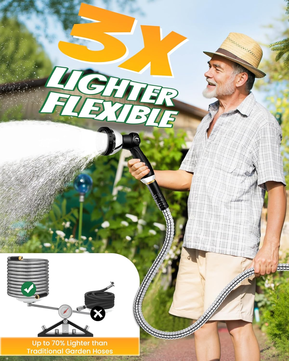 Garden Hose 100FT (30M) - Stainless Steel Water Hoses with 10 Function Spray Nozzle, Lightweight, Heavy Duty & Flexible with Removable Hose Connector for Car Wash, Outdoor, Yard, RV & Garden